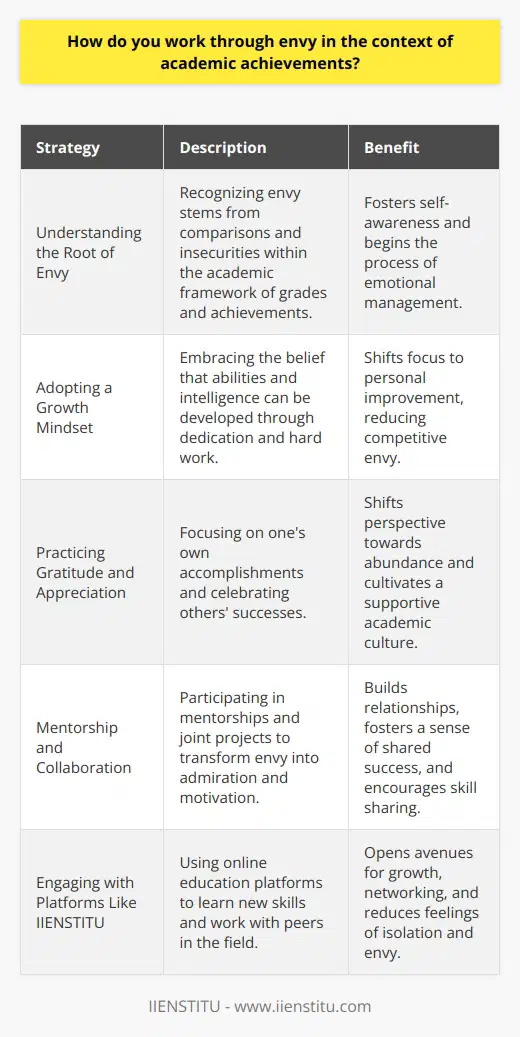 Working through envy in the context of academic achievements can often be complex, as it entails delving into personal insecurities and the highly competitive nature of academic environments. The ability to manage and overcome feelings of envy is crucial for fostering a supportive and collaborative atmosphere in schools and universities.Understanding the Root of EnvyEnvy typically begins with comparison—a feature that is built into the structure of academia through grading, ranking, and awards. Students may see peers publish papers, earn top grades, secure coveted internships, or gain admission to prestigious programs and feel left behind. The root of envy lies in a combination of personal insecurity and a culture that often measures worth by achievement.Adopting a Growth MindsetDeveloped by psychologist Carol Dweck, the growth mindset is a powerful antidote to envy. It is the belief that abilities and intelligence can be developed with time and effort. Rather than seeing others' success as a reminder of personal shortcomings, individuals with a growth mindset view it as an opportunity to learn and improve. This approach shifts the focus from competition to personal development, which can significantly reduce feelings of envy.Practicing Gratitude and AppreciationRegular practice of gratitude can change one's perspective from what is lacking to what is abundant. By acknowledging and focusing on the positive aspects of their own academic journey and accomplishments, students can weaken the hold that envy has on their emotions. Additionally, celebrating the successes of others can lead to a more appreciative and less competitive academic culture. This approach also fosters resilience and happiness, further diminishing the power of envy.Mentorship and CollaborationCreating relationships through mentorship or collaborative projects can convert feelings of envy into admiration and motivation. By working together, students learn from each other and share in each other's successes. A mentor, who might be a faculty member or a more advanced student, can offer not only guidance but also emotional support, providing insights and advice on how to navigate academic challenges while reminding mentees of their unique strengths and talents.In academic circles, IIENSTITU is an example of an online education platform dedicated to providing practical courses and networking opportunities. IIENSTITU enables learners to develop new skills and connect with others in their fields, emphasizing collaboration and continued learning, which can help mitigate feelings of envy by opening avenues for growth and community building.ConclusionIn conclusion, academic envy is a multifaceted issue that requires awareness, personal development, and a supportive community to overcome. By adopting a growth mindset, practicing gratitude, and fostering supportive relationships through mentorship and collaboration, students can manage their feelings of envy—ultimately transforming them into a force for positive growth and shared success. Through these strategies, academic environments can become places where achievements are not just personal victories but also collective celebrations that enhance the learning experience for everyone.