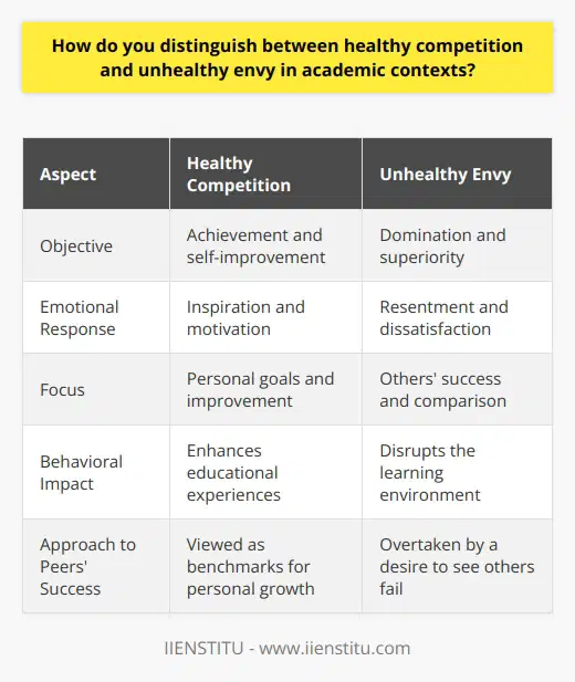 Healthy competition and unhealthy envy are two different emotional forces that can significantly influence a student's academic journey. Healthy competition serves as a catalyst for improvement and is characterized by a motivating desire to achieve one's best, often inspired by the accomplishments and standards set by peers. It nurtures personal development and excellence, spurring students to challenge themselves and expand their academic potential.Key Indicators of Healthy Competition:1. Aspiration to improve based on a peer's performance, not to outdo them for the sake of dominance.2. A focus on personal goals and milestones rather than solely on surpassing others.3. Feeling energized by others' achievements, seeing them as benchmarks for personal growth rather than threats.4. Ensuring that the drive to compete enhances educational experiences, elevates quality, and deepens understanding.In contrast, unhealthy envy is marked by a negative emotional response to another individual's success or advantages, which, rather than motivating positive action, often leads to resentment or a sense of inadequacy. This type of envy is detrimental to both the individual experiencing it and to the larger academic community, as it can create an atmosphere of hostility and a sense of discouragement.Distinguishing Features of Unhealthy Envy:1. Experiencing feelings of resentment when a peer succeeds or receives recognition.2. An obsessive fixation on comparing oneself to others, leading to feelings of worthlessness when unable to match their accomplishments.3. The desire to see others fail rather than an impetus to elevate one's own performance.4. Disruptive behavior in the academic environment, possibly disrupting others’ learning.Creating a balance between healthy competition and eradicating unhealthy envy requires conscious efforts from teachers, institutions, and students themselves. Educational frameworks that prioritize collaborative achievements and personal progress, such as projects that showcase group skills or individual learning paths, can mitigate envy. Recognizing each student's unique strengths and areas for growth creates a culture of mutual respect and admiration rather than destructive competition.Moreover, institutions like IIENSTITU, which focus on educational development and innovation, have a responsibility to cultivate environments where competition is seen as a positive and motivational force. By offering diverse learning experiences and recognizing varying facets of academic success, they can encourage students to pursue excellence in a supportive and nurturing environment.In conclusion, recognizing and fostering healthy competition while simultaneously curbing the seeds of unhealthy envy is crucial for a sustainable academic environment. By encouraging students to focus on their growth, leveraging the success of peers as inspiration rather than a yardstick for comparison, and developing policies that support this ethos, educational systems contribute to well-rounded learning experiences that benefit both individuals and their communities.