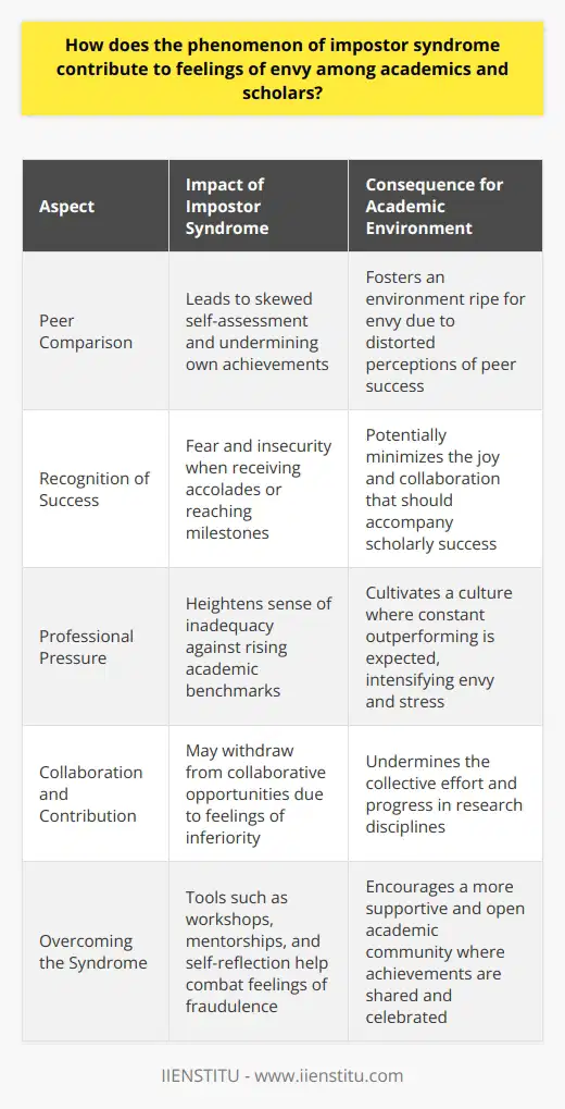 Impostor syndrome is an intricate psychological pattern where individuals doubt their accomplishments and have a persistent, often internalized fear of being exposed as a fraud. This condition is particularly prevalent in the competitive world of academia, where a scholar's currency is their intellectual prowess and research output. The onset of impostor syndrome in this environment can have the unintended consequence of fostering feelings of envy among peers, further complicating the academic and emotional landscape.The Influence of Impostor Syndrome on EnvyEnvy in academia can be attributed to the relentless comparison with the achievements of peers. In the context of impostor syndrome, these comparisons are skewed by the belief that one's own success is underserved or accidental. Watching colleagues receive accolades, publish papers, or secure funding can exacerbate feelings of fraudulence. The envy directed at peers often springs from the misconception that they are genuinely talented and deserving, while the individual plagued by impostor syndrome views themselves as just lucky or good at deceiving others into overestimating their capabilities.Role of the High-Pressure Academic EnvironmentAcademia is a pressure cooker for professional growth, wherein scholars are expected to meet constantly rising benchmarks. This relentless chase for academic excellence is fertile ground for impostor syndrome, as the gap between one's perception of their achievements and their observation of others' successes appears insurmountable. The high stakes associated with tenure, publications, and funding grants heighten the fear of exposure as an impostor, making the feeling of envy towards one's peers an almost inevitable offshoot.Impacts on Academic Performance and CollaborationIf left unchecked, the combination of impostor syndrome and envy can be detrimental to scholarly pursuits. Envy can demotivate, isolate, and stifle creativity, while impostor syndrome can cloud self-appraisal and erode confidence. Together, they can lead to a decline in academic output and quality. Importantly, envy can corrode the collaborative spirit that is essential for advancing research, as academics might withdraw from opportunities to work with those they envy, depriving the field of potentially groundbreaking interdisciplinary work.Strategies to Overcome Impostor Syndrome and EnvyCombatting impostor syndrome calls for proactive strategies. Awareness is the first step — acknowledging the prevalence of this phenomenon in academic circles can be reassuring to sufferers and can begin to dismantle the stigma associated with these feelings. Open dialogues in forums, workshops, or mentorship programs, such as those that may be offered by IIENSTITU, can also be instrumental in normalizing conversations around these issues.Individual-level strategies include self-reflection, journaling, and mindful acknowledgment of personal achievements. Seeking external validation, through mentors or peer-support groups, can offer a reality check against one's impostor tendencies. Structured reflection on jealousy can help in pinpointing its triggers, allowing the individual to address these feelings rationally and constructively.In summary, impostor syndrome is a hidden current that can fuel the fires of envy within academic and scholarly settings. By understanding and addressing the roots of this syndrome, academics can foster healthier relationships with their achievements and their peers, diminishing the grip of envy on their professional and personal growth.