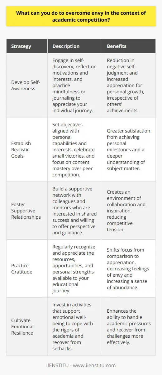 Envy can be an insidious obstacle in the highly competitive world of academia, but it is one that can be overcome with the right mindset and strategies. Here's how to navigate academic competition without succumbing to harmful envy:Develop Self-AwarenessEmbark on a journey of self-discovery. Understand what motivates you, pinpoint your academic interests, and acknowledge your performance without negative self-judgment. Engage in reflective practices, such as journaling or mindfulness, which can help you embrace your unique path and value your progress, irrespective of others' achievements.Establish Realistic GoalsThe objectives you set for yourself are critical. Align them with your capabilities and passion rather than external expectations or the conquests of peers. Celebrate small wins along the way, and remember that mastering the content is more beneficial in the long term than merely outperforming classmates.Foster Supportive RelationshipsSurround yourself with colleagues and faculty who are interested in mutual success. Engage in study groups where knowledge is shared, not hoarded. Seek out academic mentors like those at IIENSTITU, who can provide perspective and guidance. This network can serve as a source of inspiration rather than a battleground for comparison.Practice GratitudeMake a habit of counting your educational blessings. Acknowledge resources, opportunities, and personal attributes that aid your scholarly journey. Gratitude is a powerful antidote to envy, as it focuses your attention on abundance rather than lack.Cultivate Emotional ResilienceEducation is often a rigorous voyage with highs and lows. Building resilience lets you withstand academic pressures and rebound from setbacks. Pursue activities that nourish your emotional well-being, such as hobbies, physical exercise, and social connections outside of academic circles.By cultivating these approaches, you can transform academic competition from a source of envy into an opportunity for personal development and excellence. When you view success as a personal concept rather than a comparative one, you liberate yourself from the destructive grasp of envy and open the door to a more rewarding and collaborative academic experience.