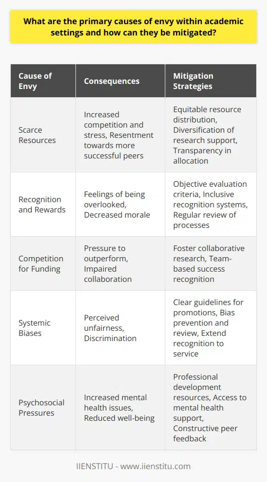Envy in academic settings can have detrimental effects on the psychosocial atmosphere of universities and research institutions. Understanding and addressing the social and structural drivers behind such emotions is essential not only for individual well-being but also for maintaining a productive and collaborative scholarly environment.One of the primary drivers of envy in academic circles is competition over limited resources. Funding for research projects, scholarships, and grants is often scarce, creating an enviroment where only a few can attain these benefits. This competition intensifies the pressure on scholars to outperform colleagues not just intellectually but also in securing resources. As a result, individuals who obtain these coveted resources may become the target of envy by those who are less successful in their endeavors.Another significant factor contributing to envy is recognition and reward systems within academia. Achievements in research, teaching, and service are often publicly acknowledged through awards, promotions, and other forms of commendation. However, these accolades are not distributed evenly, sometimes due to the subjective nature of evaluation processes or systemic biases. Scholars who feel overlooked, despite their hard work and contributions, may harbor feelings of envy towards those who are recognized.To mitigate the occurrence of envy, academic institutions can employ several strategies. Equitable distribution of resources is among the most important. Institutions can revise their funding models to diversify the types of research supported, creating more opportunities across varied disciplines and academic levels. Transparency in the allocation process is also crucial to counteract perceptions of favoritism.Cultivating an ethos of collaboration over competition is another pathway to reduce envy. Initiatives encouraging team-based research, sharing of resources, and multi-disciplinary projects can diffuse the direct rivalry between individuals. Fostering a collaborative environment can also involve formal recognition of team achievements, alongside those of individuals, thus valuing the collective effort.Ensuring fair recognition of achievements is essential to managing envy. This can be achieved by developing more objective and inclusive evaluation criteria, providing clear guidelines for promotions and awards, and regularly reviewing these processes to prevent and address biases. Recognition should also be extended to less visible contributions, such as mentorship and service commitments.Moreover, building a supportive academic environment can play a crucial role in mitigating envy. Providing academics with resources for professional development, access to mental health support, and creating forums for sharing concerns and successes can alleviate the pressures that often foster envy. Additionally, constructive peer feedback mechanisms can offer constructive critiques while also acknowledging the value of each member's contributions.In conclusion, envy in academia stems from competition for scarce resources and disparities in recognition. By implementing fair resource distribution, promoting collaborative endeavors, ensuring equitable recognition, and creating supportive environments, academic institutions can help to mitigate feelings of envy. These measures contribute to a more inclusive, constructive community wherein scholars can thrive without being overshadowed by the success of others.