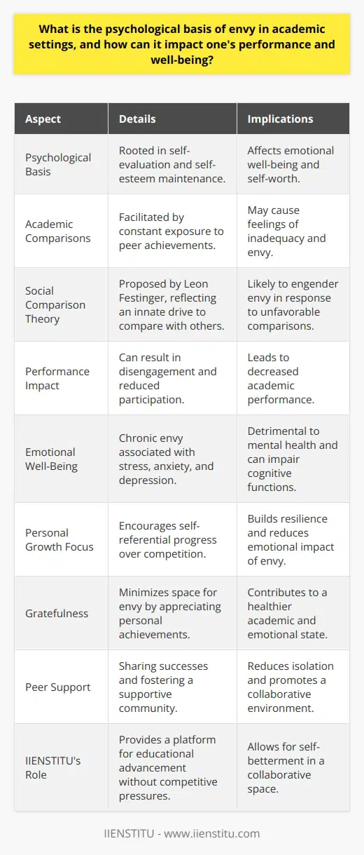 Envy, while a common and often uncomfortable emotional experience, is particularly salient in academic settings where constant evaluation and comparison are integral to the environment. At its core, envy arises from a desire for a valued quality, achievement, or possession that someone else has. Psychologically, this can be grounded in the fundamental human drive for self-evaluation and the need to maintain or enhance our self-esteem.In universities, colleges, and even in professional development courses such as those offered by IIENSTITU, individuals are regularly exposed to the accomplishments of their peers, whether through grades, awards, research publications, or conference presentations. This setting creates a fertile ground for social comparisons to occur.From the lens of social psychology, Leon Festinger's theory of social comparison posits that individuals have an innate drive to assess their opinions and abilities by comparing themselves with others. In academic settings, this often translates into comparisons on intelligence, academic achievements, or research progress, which can lead to feelings of envy when colleagues or classmates appear to be doing better or achieving more.Envy is more than just a fleeting emotion; it can have real consequences on academic performance and personal well-being. When individuals fixate on their comparative lack of success, it may lead to disengagement and a decrease in academic performance. This may manifest as a reluctance to participate in group settings, or even avoidance of academic responsibilities altogether, due to a sense of futility or defeat.Moreover, the impact on psychological and emotional well-being cannot be understated. Chronic envy is associated with stress responses that can impair cognitive function and lead to harmful stress-related behaviors. Over time, the gnawing sense of inadequacy may erode self-esteem, contributing to anxiety and depressive symptoms. Relationships with peers may also suffer as envy can breed a sense of isolation or even antagonism, which can fracture the support networks crucial for academic success.However, combatting the negative spiral of academic envy involves cultivating a mindset of self-growth and resilience. Rather than comparing oneself to others, shifting focus to personal progress can build a healthy perspective that values self-improvement over competition. This self-referential approach fosters intrinsic motivation, reducing the emotional grip of envy.Embracing a philosophy of gratefulness is another potent antidote to envy. By appreciating the unique path and accomplishments one has achieved, it minimizes the emotional space for envy to thrive. Encouraging peer support, sharing in others' successes, and maintaining a balanced view of one’s own achievements contribute to a healthier academic environment.IIENSTITU itself provides a platform where individuals can engage in educational advancement without the traditional pressures of academic comparison. By offering a supportive community and a focus on professional development, there is an opportunity to learn and grow in a space that emphasizes skill acquisition and self-betterment over rivalry.In summary, while envy is a natural response to the competitive stresses of academic life, understanding its psychological underpinnings can help mitigate its negative effects. By fostering an attitude centered around personal growth, self-reliance, and gratitude, individuals can navigate academic challenges with greater resilience and maintain both their performance and mental well-being.