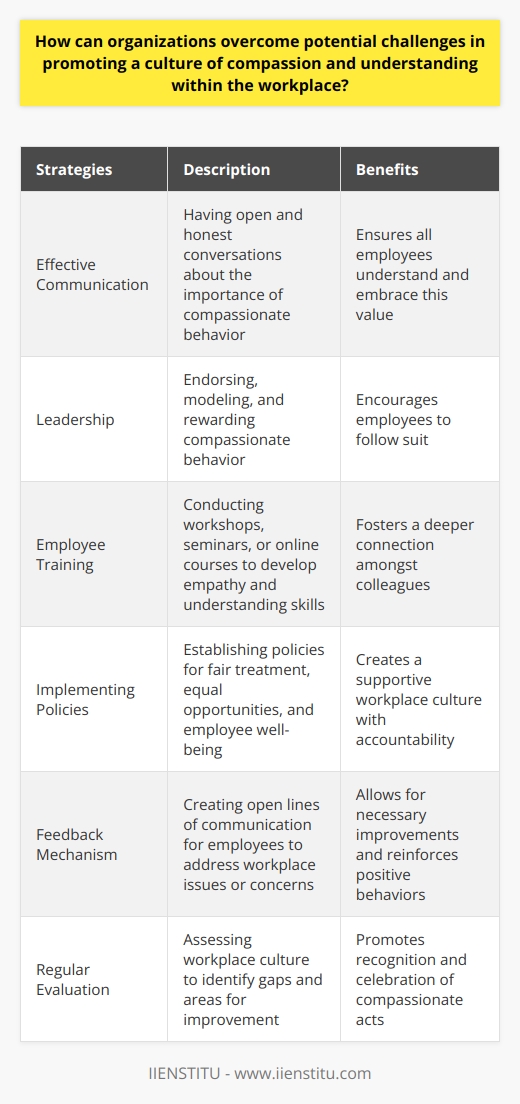 Promoting compassion and understanding within the workplace can be a challenging endeavor for organizations. However, there are several strategies that can help overcome these challenges and create a culture that prioritizes empathy and understanding.Firstly, effective communication is essential. This involves having open and honest conversations with employees about the importance of compassionate behavior. Organizations should utilize adaptable communication channels to ensure that all employees understand and embrace this value.Secondly, leadership plays a crucial role in promoting compassion and understanding. Management should endorse, model, and reward compassionate behavior. When leaders demonstrate empathy and understanding, it encourages employees to follow suit.Employee training is another important aspect. Conducting workshops, seminars, or online courses can help employees develop their skills in expressing empathy and understanding. These training sessions should focus on fostering a deeper connection amongst colleagues.Implementing policies that promote compassion and understanding is integral to creating a supportive workplace culture. Organizations should establish policies that ensure fair treatment, equal opportunities, and employee well-being. It is also important to enforce consequences for non-adherence to these policies, as this creates a culture of accountability.Incorporating a feedback mechanism is crucial for fostering a culture of compassion and understanding. This involves creating open lines of communication for employees to address any issues or concerns related to the workplace environment. Organizations can use this feedback to make necessary improvements and reinforce positive behaviors.Regular evaluation of the organization's culture is also necessary. By assessing the workplace culture on a regular basis, organizations can identify any gaps or areas for improvement. Recognizing and celebrating compassionate acts can also motivate employees to embrace the culture of compassion and understanding.In conclusion, promoting a culture of compassion and understanding requires a combination of effective communication, committed leadership, comprehensive organizational policies, training, feedback mechanisms, and regular evaluations. By implementing these strategies, organizations can overcome potential challenges and foster a more empathetic and understanding workplace culture.