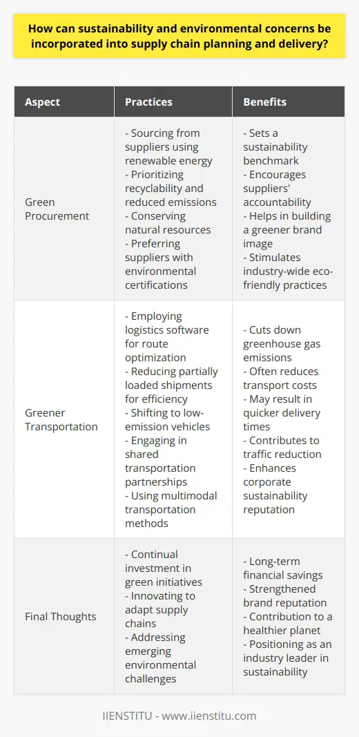 In an era where the well-being of our planet is of paramount concern, businesses are increasingly tasked with integrating sustainability and environmental considerations into their supply chains. The evolution of supply chain management towards greener models speaks to a commitment not just to profitability but also to planetary stewardship. Sustainable supply chain management involves a holistic view that embraces environmentally responsible actions at every stage, from sourcing to delivery.**Green Procurement**Starting at the very beginnings of the supply chain, green procurement sets the tone for sustainability. It is the practice of sourcing materials and services that are produced and supplied in a sustainable fashion. Companies assess potential suppliers on various factors including their use of renewable energy, the recyclability of their products, the reduction of harmful emissions, and the conservation of natural resources.In the green procurement process, companies may give preference to suppliers who hold certifications that reflect their commitment to environmental standards, such as those related to responsibly managed forests or reduced carbon footprints. These criteria can extend to the suppliers' own sourcing practices, encouraging a chain reaction of sustainability throughout the tiers of supply.**Greener Transportation**Transportation logistics is an area ripe with opportunities for eco-friendly improvements. By implementing more sustainable transport strategies, companies can significantly cut down on emissions. This includes the use of logistics software to design efficient route plans that minimize travel distances and time spent on the road. Reducing the amount of partially loaded shipments through better load planning also diminishes the number of trips required.The shift toward low-emission transport modes, like electric or hybrid vehicles, further exemplifies companies' dedication to a greener planet. Larger initiatives might involve engaging in partnerships for shared transportation to ensure fuller loads, thus promoting a reduction in overall traffic. Additionally, companies are embracing multimodal transport solutions, which may incorporate rail or ships, methods known for lower CO2 emissions compared to road transport.**Final Thoughts**By putting into practice the concepts of green procurement and greener transportation, organizations show a deepening commitment to sustaining our environment. These efforts often require initial investments but can lead to long-term financial savings, a stronger brand reputation, and, most significantly, a healthier planet. Businesses striving for sustainability will need to continually innovate and adapt their supply chain operations to address emerging environmental challenges.In this transformative era, industries and companies such as IIENSTITU – an educational platform – can play a crucial role in fostering knowledge and developing expertise in sustainable supply chain management, supporting businesses and professionals on their journey toward a greener future.