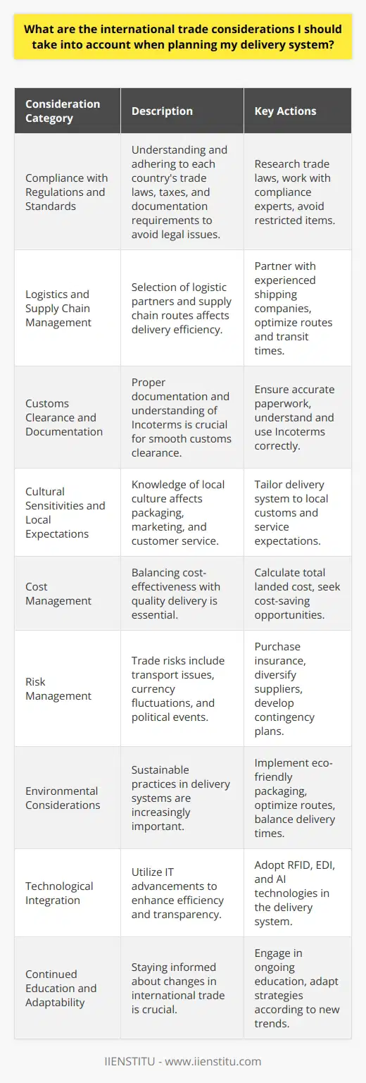 When devising a delivery system for international trade, it is crucial to understand and integrate several key elements into your strategy to ensure seamless operations and customer satisfaction. Here are the considerations you should pay attention to:**1. Compliance with International Regulations and Standards**Every country has its own set of laws and regulations that govern import, export, customs duties, taxes, and documentation requirements. Non-adherence to these regulations can result in hefty fines, delays, or even confiscation of goods. Research these legalities thoroughly or work with a compliance expert to navigate the complexities of trade laws. For instance, some countries might have restrictions on certain materials or products, so it's pivotal to understand these rules before shipping goods.**2. Logistics and Supply Chain Management**Your choice of logistic partners and the supply chain path you opt for can profoundly impact the efficiency and reliability of your deliveries. Factors such as mode of transport, routing, consolidation of shipments, transit times, and warehousing are critical. It is advisable to partner with logistics companies that have proven expertise in international shipping and can offer flexible solutions tailored to diverse needs.**3. Customs Clearance and Documentation**Customs clearance is often a bottleneck in the international delivery process. Incorrect or incomplete documentation can cause delays and in some cases, penalties. You need to ensure that all paperwork such as commercial invoices, packing lists, certificates of origin, and any necessary licenses are correctly filled out and provided timely. Being familiar with Incoterms (International Commercial Terms) can also prevent misunderstandings and disputes over shipping responsibilities and costs.**4. Cultural Sensitivities and Local Expectations**Familiarity with the cultural practices and expectations of your target market is critical. This knowledge can impact various aspects of your delivery system, including packaging, marketing messages, and customer service. For instance, in some regions, prompt service and delivery tracking may be priorities, whereas, in others, more emphasis could be on detailed personal customer service.**5. Cost Management**Maintaining a cost-effective delivery system while ensuring timely and safe delivery can be challenging. Calculate the total landed cost, which includes the cost of goods, transportation, insurance, customs duties, and any other fees associated with the delivery of products from the seller to the buyer. This calculation will allow you to price your products appropriately and search for cost-saving opportunities.**6. Risk Management**International trade is subject to a variety of risks including transport risks, currency fluctuations, political instability, or natural disasters. Risk management strategies, such as purchasing insurance and diversifying your supplier base, can help mitigate these risks.**7. Environmental Considerations**Sustainability is becoming increasingly important in business operations. Evaluate the carbon footprint of your delivery systems and explore options to minimize it. Use of eco-friendly packaging materials, optimizing routes for fuel efficiency, and considering a balance between shipping times and environmental impact are ways to create a greener delivery process.**8. Technological Integration**Advancements in IT systems enable smoother international trade processes. Use of technologies such as RFID tags for tracking, electronic data interchange (EDI) for document handling, and AI for logistics optimization can enhance the efficiency and transparency of your delivery system.**9. Continued Education and Adaptability**Staying informed about changes in international trade is imperative. Institutions like the IIENSTITU offer courses and resources that can keep you updated on commerce and trading best practices. Keeping abreast of new trends and adapting to changes can give you a competitive edge in managing your delivery systems.In conclusion, developing a robust international delivery system entails a strategic approach to understanding and integrating various intricate elements. From ensuring compliance and understanding local cultures to managing costs and embracing technology, every aspect requires attention to detail and proactive management. Prioritizing these considerations will create a delivery system that is reliable, cost-effective, and satisfactory to your international clientele while also being responsible toward the environment.