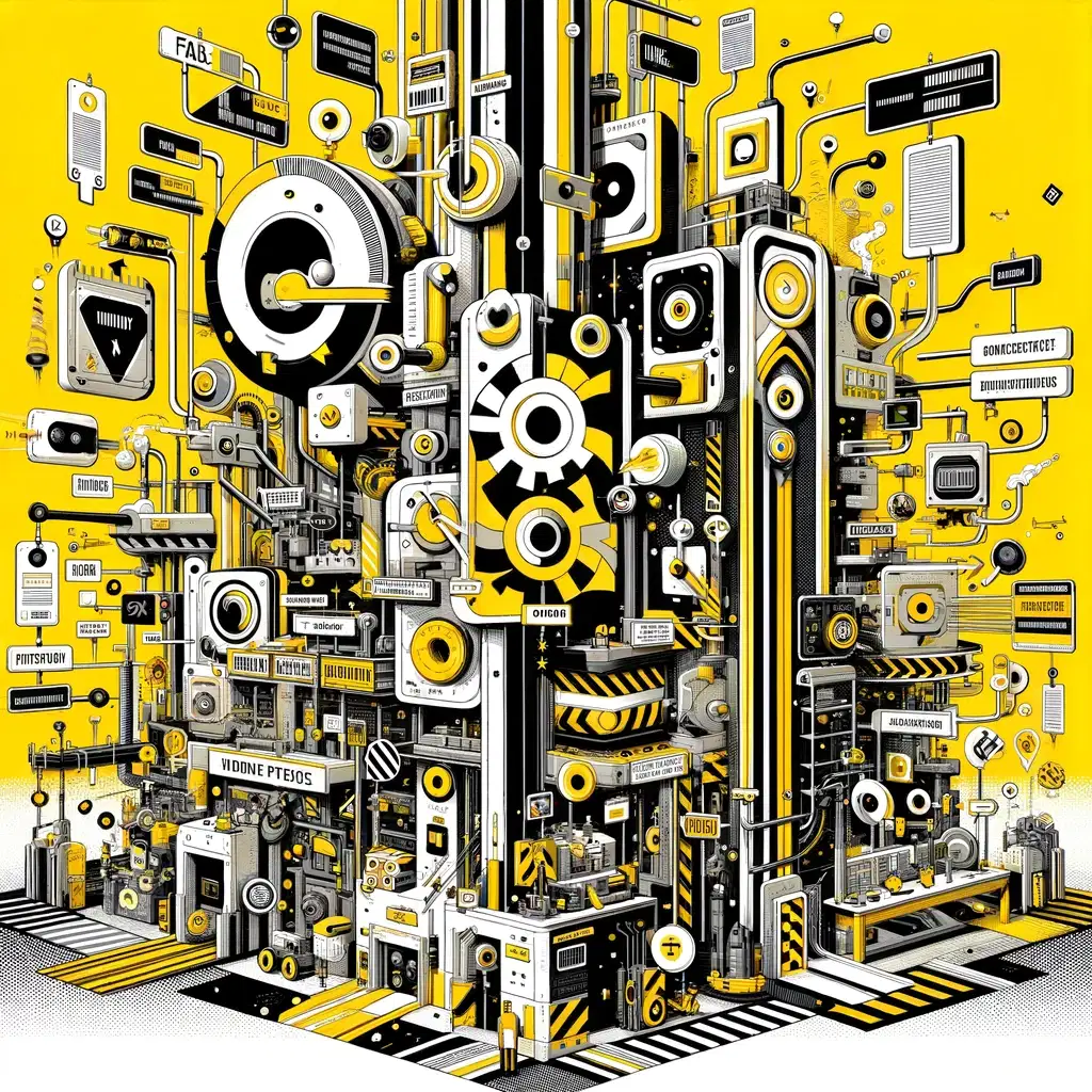 The illustration offers a striking and humorous take on Poka-Yoke, the Japanese error-proofing technique. It features a color palette of yellow, black, white, and other contrasting colors, and is free of text. The image vividly captures the essence of Poka-Yoke with whimsical representations of manufacturing processes. It includes exaggerated fail-safes and intuitive designs that humorously prevent errors, showcasing elements like simplistic physical fixtures and sophisticated electronic detectors in an abstract factory setting. The design conveys the philosophy of engineering out mistakes through intuitive system designs, highlighting Poka-Yoke's significance in various industries. The illustration is visually compelling, amusing, and informative, helping viewers to understand the concept of Poka-Yoke and its impact in minimizing waste and enhancing efficiency.