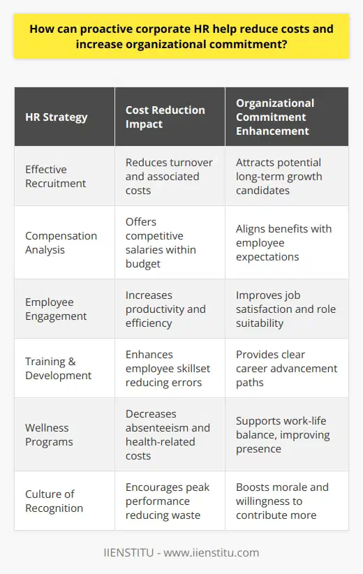 A proactive corporate HR department is a significant asset to any organization, playing a fundamental role in both reducing operational costs and fostering a loyal and committed workforce. By embracing strategic initiatives, corporate HR can create an environment that not only improves the bottom line but also enhances the overall employee experience.Cost reduction starts with effective recruitment and talent acquisition strategies. By leveraging in-depth insights into the industry and competency-based assessments, HR can attract candidates who are not only qualified but also possess the potential for long-term growth within the company. Minimizing turnover through better hiring decisions leads to reduced costs related to recruiting, onboarding, and training.Once onboard, comprehensive compensation analysis enables HR to offer competitive yet cost-effective salary packages. By understanding market trends and aligning them with the company’s budgetary constraints, corporate HR can craft benefits structures that appeal to employees while managing expenses efficiently.Proactive HR departments don't stop at hiring and compensation; they extend their impact through strategic employee engagement. By investing in tailored training and development programs, employees are equipped with necessary skills and competencies, leading to greater efficiency and productivity. When people are deployed in roles that match their skills, they not only perform better but also exhibit a higher degree of job satisfaction and commitment.A significant aspect of nurturing organizational commitment lies in recognizing and addressing the aspirations and needs of employees. Corporate HR can administer regular engagement surveys, initiate mentoring programs, and provide clear pathways for career advancement. Empowering employees with a voice and clear growth prospects fosters a sense of belonging and loyalty to the organization.Wellness programs and work-life balance initiatives further cement employee commitment. A proactive HR department understands the human aspect of the workforce and curates programs that support mental and physical health, leading to reduced absenteeism and a more energetic, present, and productive workforce.Lastly, a culture of recognition contributes to a positive and motivating work environment. When employees feel valued and appreciated, they are more likely to go above and beyond for the organization. Simple acknowledgment of efforts through timely feedback and rewards can significantly enhance employee morale and loyalty.To sum up, a proactive corporate HR function is integral to driving cost efficiencies and cultivating a committed workforce. It combines intelligent hiring practices, strategic compensation management, and a deep commitment to employee engagement and wellbeing. By doing so, HR acts as a steward of both financial health and workplace culture, positioning the organization for sustainable success and a competitive edge.