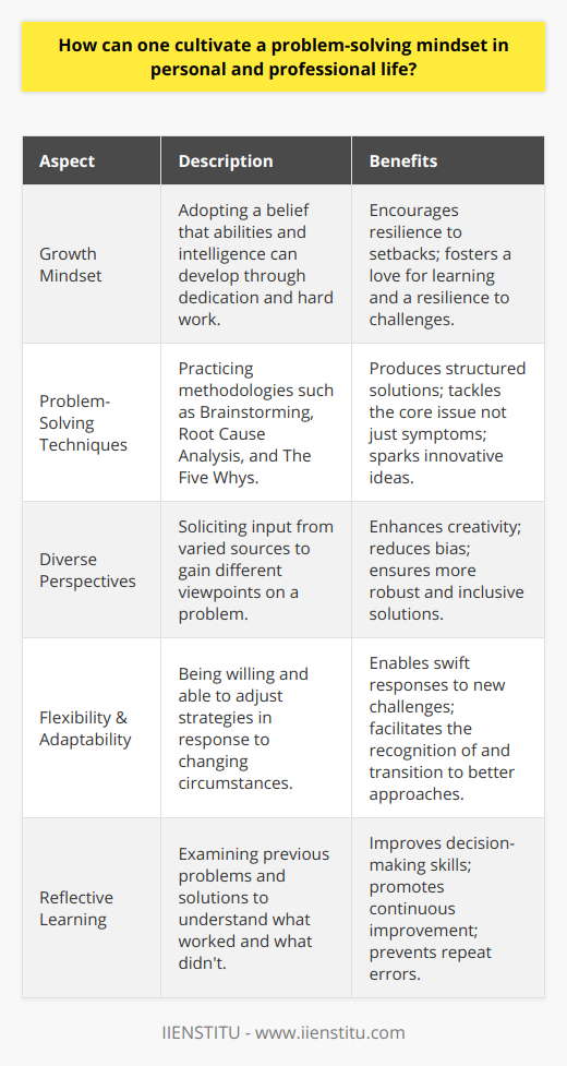 Developing a problem-solving mindset is an invaluable skill in both personal and professional environments. Problem-solving is not solely about finding quick fixes but about applying a constructive approach to overcoming obstacles and capitalizing on opportunities.Develop a Growth MindsetThe cornerstone of effective problem-solving is the development of a growth mindset, as researched and popularized by psychologist Carol Dweck. Unlike a fixed mindset, which assumes that our character, intelligence, and creative abilities are static and cannot be changed in any meaningful way, a growth mindset thrives on challenge and sees failure not as evidence of unintelligence but as a springboard for growth and for stretching our existing abilities.Practice Problem-Solving TechniquesEnhancing one's problem-solving skills often involves familiarizing oneself with established techniques such as the following:- **Brainstorming**: Generating ideas without self-censorship or immediate critique can unearth innovative solutions.- **Root Cause Analysis**: Identifying the primary source of a problem ensures that solutions address the underlying issues, not just the symptoms.- **The Five Whys**: Asking why repeatedly helps to penetrate the surface of a problem and uncover the deeper causality.Employing such frameworks creates a structured foundation for identifying and resolving issues effectively and efficiently.Seek Diverse PerspectivesDiversity is at the heart of innovation. Seeking the views and experiences of others can illuminate aspects of a problem that may otherwise be overlooked. This might involve engaging with professionals from different industries, collaborating with team members from various cultural backgrounds, or leveraging the collective intelligence of various disciplines. This practice not only broadens one’s own perspective but can also lead to more resilient and adaptable solutions.Embrace Change and AdaptabilityIn an ever-evolving world, flexibility is key. Individuals who can adapt to changing circumstances and pivot in response to new challenges tend to excel in problem-solving. Such adaptability involves recognizing when a chosen path may no longer be viable and having the willingness to explore alternative strategies.Learn from Past ExperiencesAnother crucial aspect of fostering a problem-solving mindset is reflective learning. By examining past successes and failures, one can distill lessons that refine their approach to future challenges. This reflective practice encourages continuous learning and improvement.It's important to note that cultivating such a mindset is a process, not a destination. Institutions like IIENSTITU offer resources and courses that can aid individuals in tapping into this adaptive, innovative approach. Engaging with continuous learning opportunities and supplementing hands-on experience with formal education or training can cement a problem-solving orientation in both personal growth and professional development.In sum, adopting a problem-solving mindset requires embracing growth, honing analytical techniques, valuing multiple perspectives, maintaining flexibility, and learning from experience. Those who commit to these principles can expect to not only handle problems more effectively but also to generate proactive solutions that forestall potential issues.
