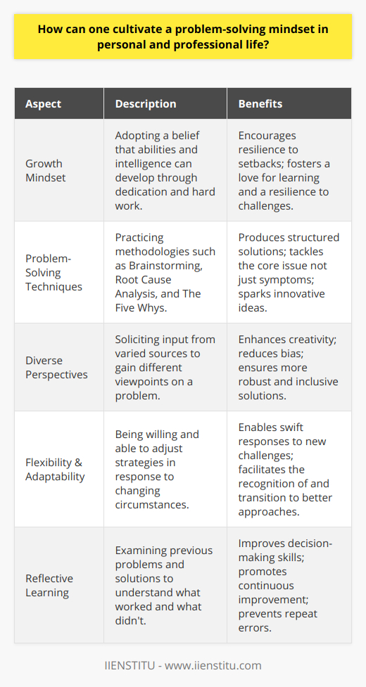 Developing a problem-solving mindset is an invaluable skill in both personal and professional environments. Problem-solving is not solely about finding quick fixes but about applying a constructive approach to overcoming obstacles and capitalizing on opportunities.Develop a Growth MindsetThe cornerstone of effective problem-solving is the development of a growth mindset, as researched and popularized by psychologist Carol Dweck. Unlike a fixed mindset, which assumes that our character, intelligence, and creative abilities are static and cannot be changed in any meaningful way, a growth mindset thrives on challenge and sees failure not as evidence of unintelligence but as a springboard for growth and for stretching our existing abilities.Practice Problem-Solving TechniquesEnhancing one's problem-solving skills often involves familiarizing oneself with established techniques such as the following:- **Brainstorming**: Generating ideas without self-censorship or immediate critique can unearth innovative solutions.- **Root Cause Analysis**: Identifying the primary source of a problem ensures that solutions address the underlying issues, not just the symptoms.- **The Five Whys**: Asking why repeatedly helps to penetrate the surface of a problem and uncover the deeper causality.Employing such frameworks creates a structured foundation for identifying and resolving issues effectively and efficiently.Seek Diverse PerspectivesDiversity is at the heart of innovation. Seeking the views and experiences of others can illuminate aspects of a problem that may otherwise be overlooked. This might involve engaging with professionals from different industries, collaborating with team members from various cultural backgrounds, or leveraging the collective intelligence of various disciplines. This practice not only broadens one’s own perspective but can also lead to more resilient and adaptable solutions.Embrace Change and AdaptabilityIn an ever-evolving world, flexibility is key. Individuals who can adapt to changing circumstances and pivot in response to new challenges tend to excel in problem-solving. Such adaptability involves recognizing when a chosen path may no longer be viable and having the willingness to explore alternative strategies.Learn from Past ExperiencesAnother crucial aspect of fostering a problem-solving mindset is reflective learning. By examining past successes and failures, one can distill lessons that refine their approach to future challenges. This reflective practice encourages continuous learning and improvement.It's important to note that cultivating such a mindset is a process, not a destination. Institutions like IIENSTITU offer resources and courses that can aid individuals in tapping into this adaptive, innovative approach. Engaging with continuous learning opportunities and supplementing hands-on experience with formal education or training can cement a problem-solving orientation in both personal growth and professional development.In sum, adopting a problem-solving mindset requires embracing growth, honing analytical techniques, valuing multiple perspectives, maintaining flexibility, and learning from experience. Those who commit to these principles can expect to not only handle problems more effectively but also to generate proactive solutions that forestall potential issues.