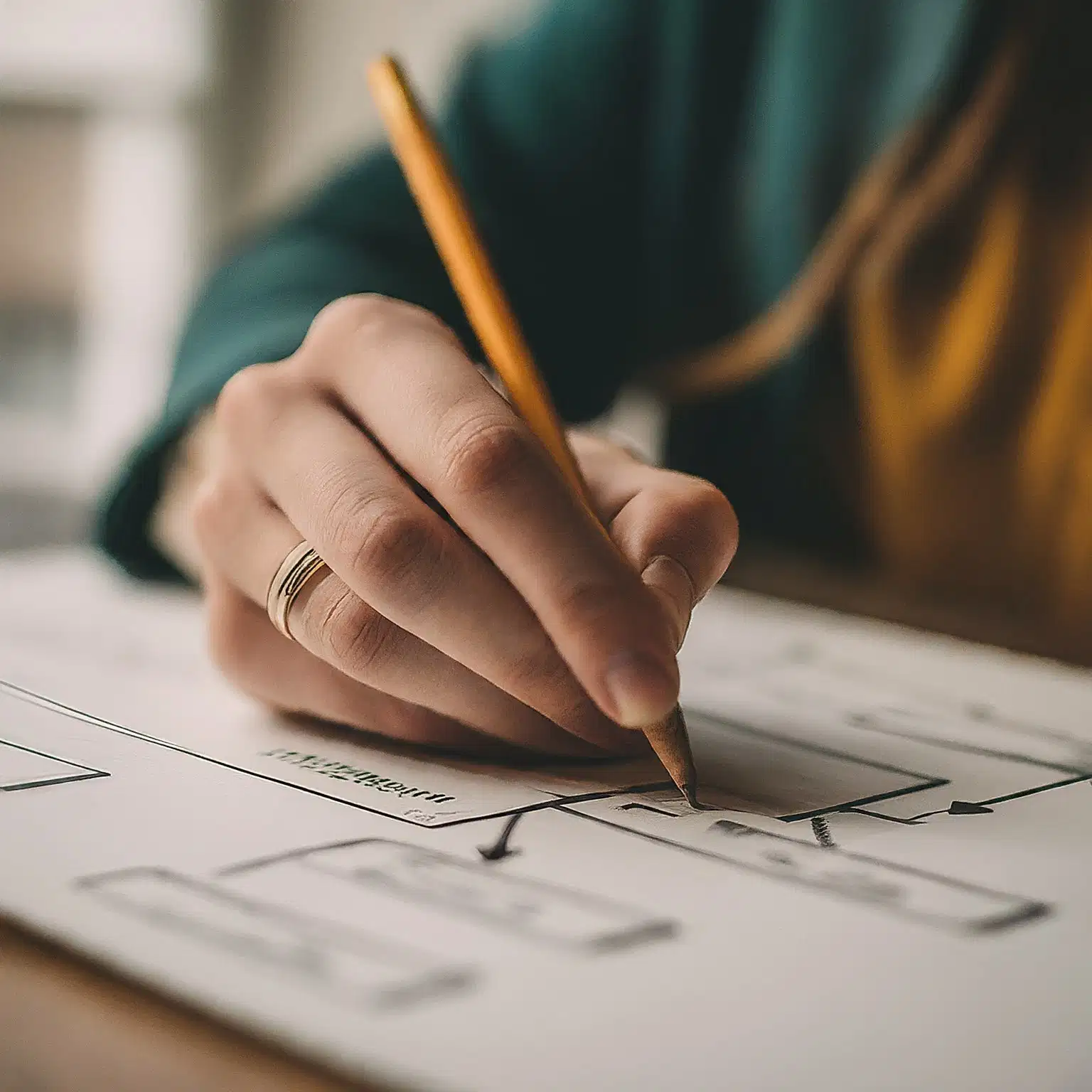 A designer sits at a table, sketching with a pencil on a piece of paper. The designer wears a gold ring on their left hand, and the drawing appears to be a website or app layout.