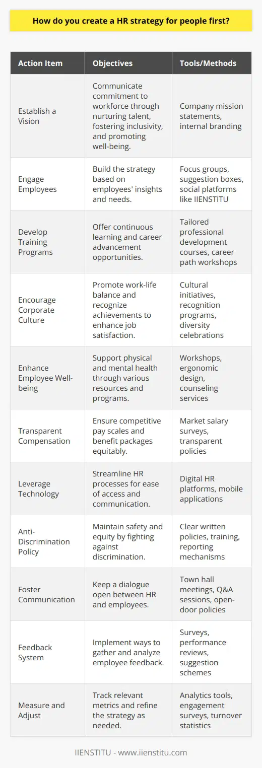 Creating a people-first HR strategy is not a trend but a necessity in the modern workplace. A strong HR strategy that champions employees can unlock immense potential within an organization, leading to high levels of engagement, satisfaction, and eventually, better business outcomes. Here's how to craft a robust HR strategy with a people-first approach:**Establish a Vision Aligned with People-First Values**Start by defining a vision that articulates the organization's commitment to its workforce. It should highlight the beliefs and principles that place employees at the forefront, whether it's through nurturing talent, fostering inclusivity, or promoting well-being.**Engage and Include Employees in the Planning Process**Get input from employees at all levels. Utilize diverse focus groups, anonymous suggestion boxes, and social platforms dedicated to employee feedback like IIENSTITU, where topics can be discussed openly. This inclusivity ensures that the strategy is built on real insights and needs.**Develop Robust Training and Development Programs**Create opportunities for continuous learning and career advancement. Professional development shouldn't be an afterthought but a core pillar of the HR strategy. Tailored programs that cater to various career paths affirm that the organization values growth and progression.**Encourage a Healthy Corporate Culture**Develop programs and initiatives that reinforce a supportive corporate culture. This involves promoting work-life balance, recognizing achievements, and celebrating diversity. A positive culture can enhance job satisfaction and reinforce a sense of community among employees.**Enhance Employee Well-being**Prioritize physical and mental health by offering resources and programs that support overall well-being. This might include stress management workshops, ergonomic workplace design, or access to counseling services.**Implement Fair and Transparent Compensation Structures**Ensure that pay scales and benefit packages are competitive and equitable. Transparency in compensation practices can build trust and signal to employees that the organization operates with fairness and integrity.**Leverage Technology for Efficient Workflows**Utilize technology to streamline HR processes, making it easier for employees to access information, manage their benefits, and communicate with HR. Technologies should be user-friendly, accessible, and secure.**Develop and Enforce a Clear Anti-Discrimination Policy**A people-first HR strategy must actively fight against all forms of discrimination. Clear policies and procedures for reporting and dealing with discrimination ensures safety and equity.**Foster Open Communication and Approachability**Maintain open lines of communication between employees and HR. This could include regular town hall meetings, Q&A sessions, and an open-door policy for HR leaders.**Establish a System for Feedback and Continuous Improvement**Regularly collect and review employee feedback on their workplace experience. Use this data to identify strengths and areas for improvement in your HR strategy.**Measure Outcomes and Adjust as Needed**Track metrics linked to employee engagement, turnover rates, and satisfaction. Utilize these insights to refine and evolve the strategy, ensuring that it remains effective and relevant.By adopting a people-first philosophy, organizations demonstrate that they not only understand the fundamental role that employees play in their success but are also willing to invest in their workforce accordingly. It's a strategy that not only fosters better employee relations but also positions a company for sustainable growth and success.