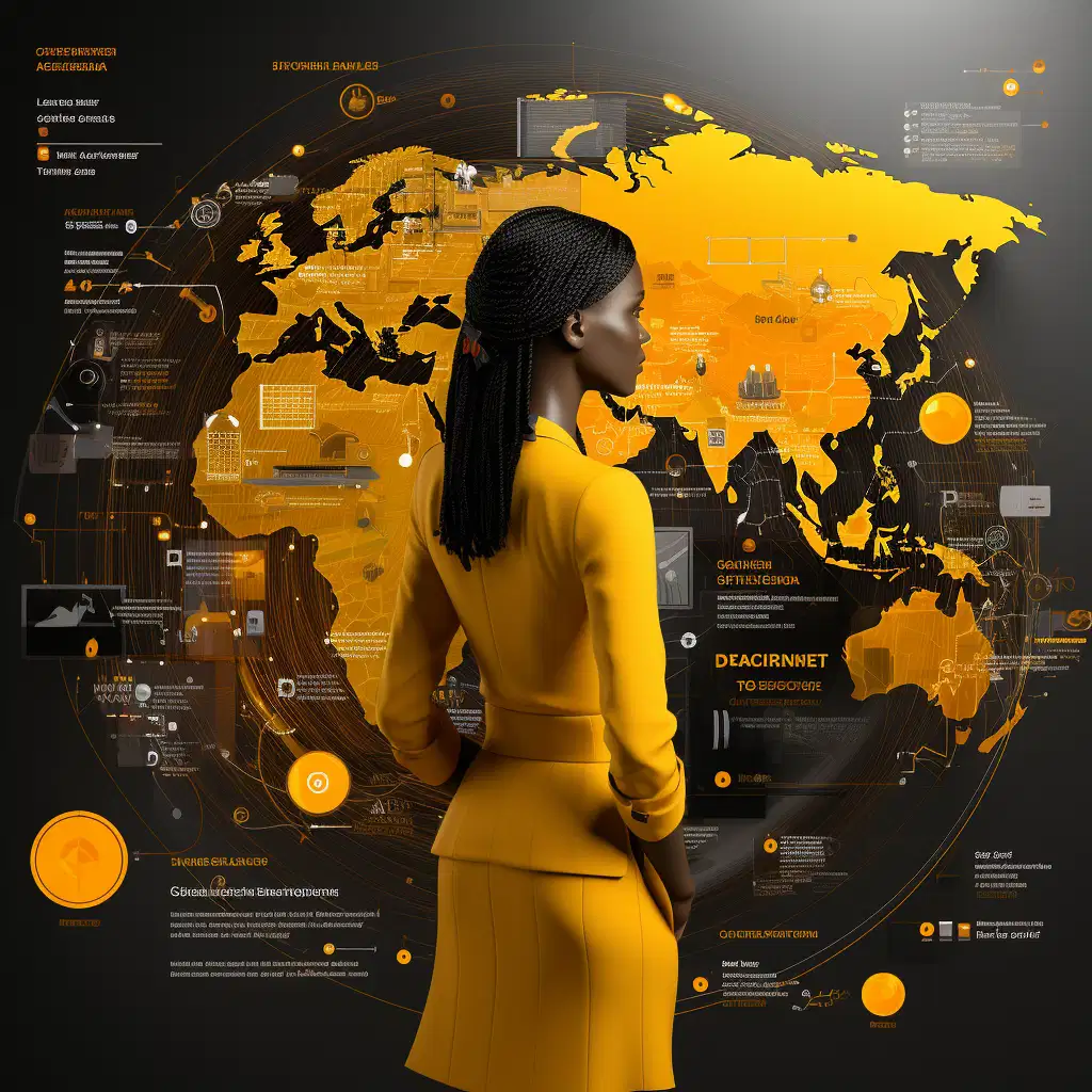 vibrant colors, yellow, black, white, thought-provoking, meaningful, humorous interpretation, challenges of real-time tracking, privacy concerns, data security, unauthorized surveillance, complex legal issues, technological advancements, technical challenges, accuracy, signal strength, precision, robust infrastructure requirements, regional variability, reliability issues, economic aspects, cost-benefit analysis, efficiency gains, long-term savings, operating expenses, maintenance, software updates, total cost of ownership, no text, detailed, multi-angled approach, relate to broader themes