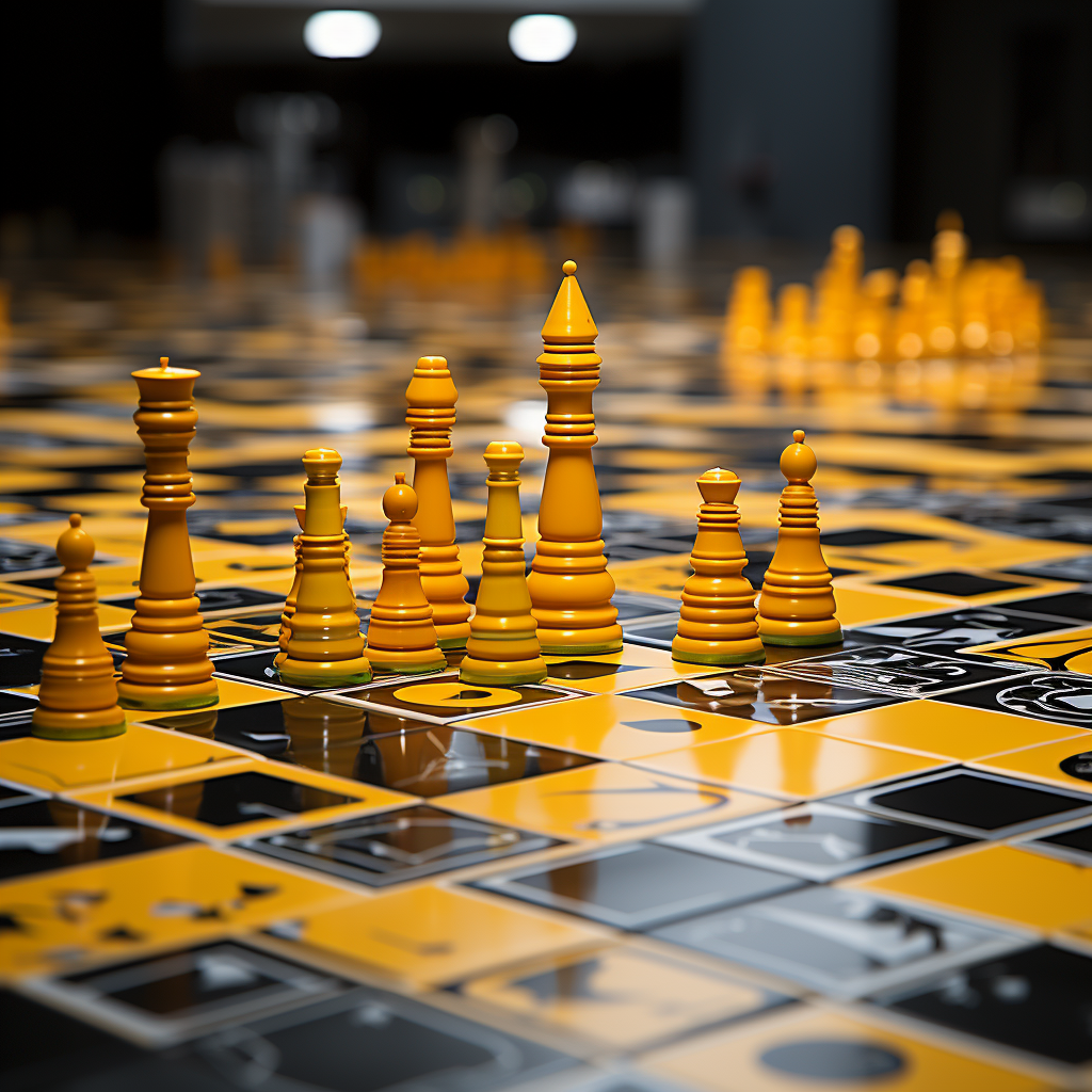 In the foreground, a GPS satellite hovers triumphantly, its silhouette outlined in striking yellow against the stark black backdrop. It radiates powerful beams of light, reminiscent of a superhero's laser vision. This celestial sentinel represents the quintessential GPS technology, with its precise triangulation and global reach. Just a hop away, a mischievous RFID tag dances playfully, surrounded by swirling electromagnetic fields. It seems to mockingly waltz with a zigzagging Wi-Fi symbol, their yellow contours blending seamlessly. This RFID tag represents the technological magic that happens when electromagnetic fields come to life, tracking items effortlessly through checkpoints and inventory. Zooming into the heart of the image, you find yourself immersed in a vibrant, bustling warehouse scene. A riot of yellow crates is being scanned and monitored by energetic Wi-Fi signals that crisscross the air like playful fireflies. In this chaotic yet perfectly orchestrated dance, the Real-time Location System (RTLS) comes to life. Ultrasound waves, invisible but powerful, ripple through the air, creating a harmonious symphony of tracking precision. Finally, a quirky, anthropomorphic GPS satellite stands as the chess king, resplendent in a bowler hat, monocle, and a yellow, pinstriped suit. This whimsical character surveys the entire scene with a grin, embodying the essence of real-time tracking technology's omnipresent control. In this visually delightful concoction, the image seamlessly weaves together the distinct types of real-time tracking technologies—GPS, RFID, and RTLS. The chessboard serves as the canvas upon which these technologies engage in a playful yet strategic dance, just like their real-world counterparts in navigation, logistics, and indoor tracking applications. It's a whimsical, dynamic visual metaphor for the world of real-time tracking technologies, where each element plays its part in the grand chess game of precision and control.