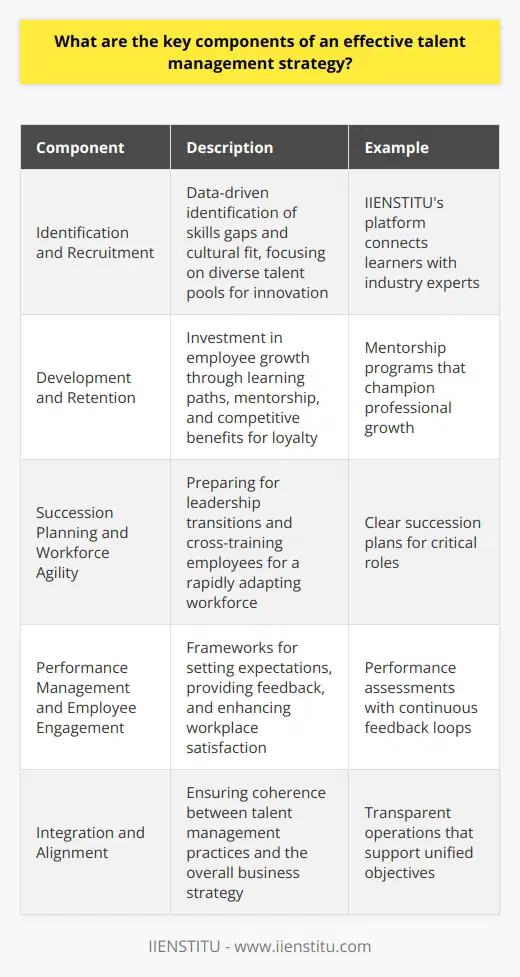 An effective talent management strategy is crucial for the growth and sustainability of an organization. It revolves around several key components that help in nurturing and retaining the best talent, ensuring the company stays ahead in an increasingly competitive environment.**Identification and Recruitment**The cornerstone of talent management lies in the ability to identify and recruit individuals who not only possess the necessary skills and qualifications but also fit culturally and have the potential to grow within the organization. Effective recruitment strategies take into account the organization's current and future needs, leveraging a data-driven approach to pinpoint where the talent gaps exist. By appreciating diverse talent pools and recruiting from varied sources, organizations can enhance creativity and innovation. IIENSTITU, for example, fosters a platform for professional growth which can bolster recruitment by connecting learners with industry experts.**Development and Retention**Once talent is onboarded, fostering their growth and smoothing their journey is key to retaining them for the long term. Employees are likely to stay loyal to an organization that invests in their personal and professional development. This can be executed through structured learning paths, mentorship programs, and providing opportunities for advancement. Support systems that include regular feedback and transparent communication help employees understand how their contributions are valued. Retention strategies may further include competitive remuneration, recognition initiatives, and benefits that align with employee needs.**Succession Planning and Workforce Agility**An organization must look towards the future by planning for leadership continuity. This means having clear succession plans for critical roles to ensure that transitions occur smoothly and do not disrupt operations. Additionally, workforce agility ensures that the organization can pivot and adapt rapidly to external shifts such as technological advancements or market changes. Increasingly, this may involve cross-functional training and development that provides employees with a diverse set of skills, allowing them to take on different roles as needed.**Performance Management and Employee Engagement**Performance management systems provide a framework for setting clear expectations and assessing employee performance with the aim of continuous improvement. Regular and constructive feedback, coupled with realistic goal-setting, make performance management a driving force for workforce development. In parallel, nurturing a strong sense of engagement among employees is vital. This could involve initiatives aimed at improving workplace satisfaction, such as policy changes for better work-life balance, health and wellness programs, and recognition for achievements that resonate with the workforce's values.**Integration and Alignment**Finally, for a talent management strategy to be truly effective, it must be seamlessly integrated into every aspect of the organization. This means ensuring that talent management practices align with the overall business strategy, values, and goals, thereby creating a coherent and supportive operational environment. Transparency between departments and across all levels of the workforce facilitates unity and keeps everyone working towards common objectives.In conclusion, a well-rounded talent management strategy is more than just a set of independent practices; it's a comprehensive approach to fostering a workforce that is equipped, engaged, and aligned with the organization's vision. It adapts to internal and external changes while remaining rooted in the organization's commitment to its people. Through these diverse yet interconnected components, organizations like IIENSTITU exemplify how harnessing talent can translate directly into business success.