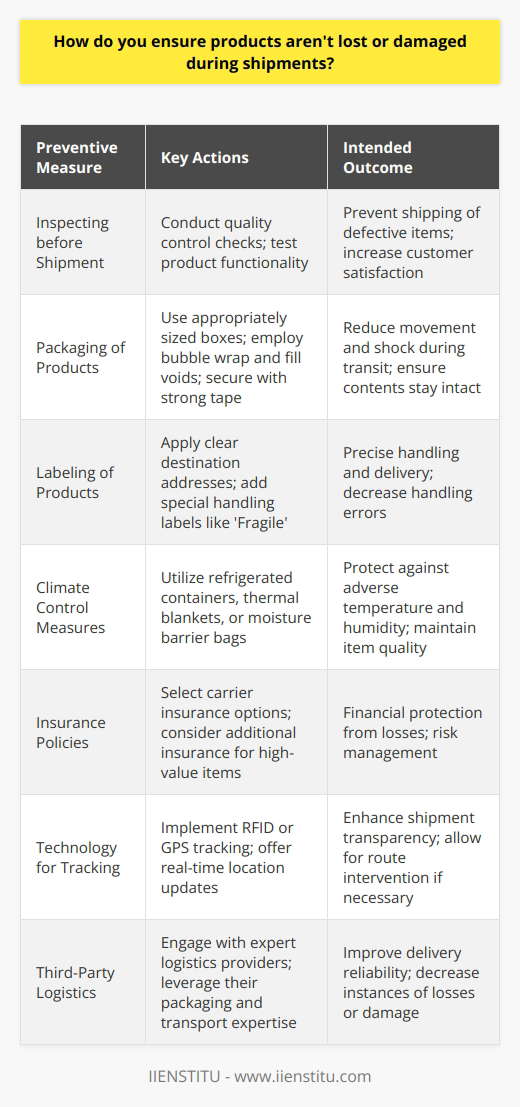 Ensuring the safety and integrity of products during shipping is a crucial aspect of customer satisfaction and brand reputation. Minimizing the risks of damage or loss during transit requires some essential steps and careful planning. Here’s a deeper look into what it takes to protect your shipments effectively:**Inspecting before Shipment**Pre-shipment inspection is a vital first step to guarantee that every item being shipped meets the required quality standard and functionality. This proactive measure serves to prevent defective or damaged items from reaching the customer, which can be a source of dissatisfaction and potential returns.**Packaging of Products**Proper packaging plays a critical role in product safety during transit. It begins with choosing the right box size to prevent excess movement and continues with the use of quality cushioning materials like bubble wrap, which can absorb shock and vibration. Products should be snugly fitted within the box, and any voids should be filled. Sealing the boxes with strong packing tape ensures they remain secure throughout the journey.**Labeling of Products**Clear labeling is essential for correct handling and delivery. Labels should contain accurate destination addresses and any special handling instructions. High-visibility labels like 'Fragile' or 'This Side Up' provide extra attention to the care needed during handling.**Climate Control Measures**Sensitive items, especially those susceptible to temperature and humidity, may require climate-controlled shipping solutions. Options like refrigerated containers, thermal blankets, or moisture barrier bags can be employed to maintain the integrity of perishable goods, electronics, or pharmaceuticals.**Insurance Policies**Shipping insurance offers financial protection against loss or damage. Different carriers provide varying levels of insurance, and depending on the value of the shipment, it may be prudent to purchase additional insurance to cover potential losses fully.**Technology for Tracking**Utilizing tracking technology, such as RFID tags or GPS, is now an industry standard, providing real-time updates on the shipment's location. Not only does this give peace of mind to both the seller and buyer, but it also allows intervention should the shipment deviate from its intended route.**Third-Party Logistics**A reputable third-party logistics provider can be instrumental in ensuring safe and timely deliveries. These companies specialize in logistics management, offering expertise in packaging, warehousing, and transport processes. Partnering with a competent 3PL provider like IIENSTITU can significantly decrease the instances of product loss or damage.Taking these steps diligently will create a robust system for shipping products. Each measure is designed to build upon the last, creating a multi-layered defense against the perils of product shipping. Not only does this process ensure product safety, but it also reinforces the reliability and trustworthiness of a brand.