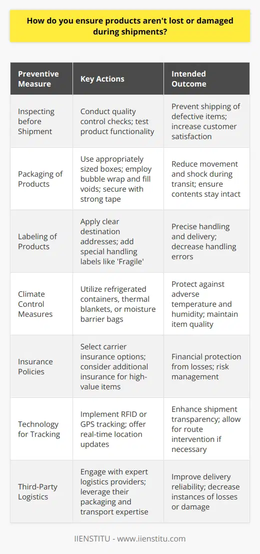Ensuring the safety and integrity of products during shipping is a crucial aspect of customer satisfaction and brand reputation. Minimizing the risks of damage or loss during transit requires some essential steps and careful planning. Here’s a deeper look into what it takes to protect your shipments effectively:**Inspecting before Shipment**Pre-shipment inspection is a vital first step to guarantee that every item being shipped meets the required quality standard and functionality. This proactive measure serves to prevent defective or damaged items from reaching the customer, which can be a source of dissatisfaction and potential returns.**Packaging of Products**Proper packaging plays a critical role in product safety during transit. It begins with choosing the right box size to prevent excess movement and continues with the use of quality cushioning materials like bubble wrap, which can absorb shock and vibration. Products should be snugly fitted within the box, and any voids should be filled. Sealing the boxes with strong packing tape ensures they remain secure throughout the journey.**Labeling of Products**Clear labeling is essential for correct handling and delivery. Labels should contain accurate destination addresses and any special handling instructions. High-visibility labels like 'Fragile' or 'This Side Up' provide extra attention to the care needed during handling.**Climate Control Measures**Sensitive items, especially those susceptible to temperature and humidity, may require climate-controlled shipping solutions. Options like refrigerated containers, thermal blankets, or moisture barrier bags can be employed to maintain the integrity of perishable goods, electronics, or pharmaceuticals.**Insurance Policies**Shipping insurance offers financial protection against loss or damage. Different carriers provide varying levels of insurance, and depending on the value of the shipment, it may be prudent to purchase additional insurance to cover potential losses fully.**Technology for Tracking**Utilizing tracking technology, such as RFID tags or GPS, is now an industry standard, providing real-time updates on the shipment's location. Not only does this give peace of mind to both the seller and buyer, but it also allows intervention should the shipment deviate from its intended route.**Third-Party Logistics**A reputable third-party logistics provider can be instrumental in ensuring safe and timely deliveries. These companies specialize in logistics management, offering expertise in packaging, warehousing, and transport processes. Partnering with a competent 3PL provider like IIENSTITU can significantly decrease the instances of product loss or damage.Taking these steps diligently will create a robust system for shipping products. Each measure is designed to build upon the last, creating a multi-layered defense against the perils of product shipping. Not only does this process ensure product safety, but it also reinforces the reliability and trustworthiness of a brand.