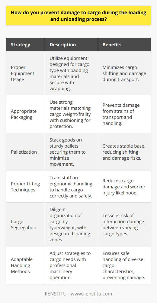 Ensuring the integrity of cargo during the loading and unloading process is paramount for shipping and logistics operations. Here's how damage to cargo can be prevented through careful planning and execution.1. **Proper Equipment Usage:** The foundation of safe cargo handling is utilizing the right tools for the job. Select equipment that’s specifically designed for the cargo type you're handling. Use padding materials such as dunnage bags to prevent fragile items from shifting and incurring damage. Employ strapping, shrink wrapping, or stretch wrapping to secure the cargo during transport, therefore reducing the risk of movement and related damage.2. **Appropriate Packaging:** The significance of robust packaging cannot be overstated. Cargo should be encased in materials strong enough to bear the strains of loading, unloading, and transport. Choose packaging solutions—be it double-walled boxes or reinforced crates—that match the weight and fragility of the contents. Innovative use of cushioning materials like molded pulp inserts can provide tailored protection for susceptible goods.3. **Palletization:** Properly palletizing goods helps in creating a stable base for the cargo. Stacking boxes or items on pallets and securing them with wrap or bands can minimize shifting and subsequent damage. Pallets should be in good condition and selected based on the correct size and strength for the cargo they support.4. **Proper Lifting Techniques:** Training staff in ergonomic lifting and handling techniques is crucial in preventing damage to goods as well as injury to the workers. All personnel involved in the loading and unloading processes should be knowledgeable about the correct way to handle different types of cargo. Adhering to this along with rigorous safety protocols can reduce the incidents of mishaps.5. **Cargo Segregation:** Diligent segregation of cargo based on type, weight, and fragility is necessary to mitigate risk. Separate heavier items from those that are easily crushed or damaged. Assign designated zones within the loading area to ensure different types of cargo do not interact in a way that could cause harm.6. **Adaptable Handling Methods:** Every cargo has its unique handling requirements. Adjust the loading and unloading strategies to these specific needs. Utilize forklifts, conveyor belts or cranes for heavy or bulky items, ensuring professionals operate this machinery. Continuous monitoring and inspection of cargo before, during, and after the loading process helps identify and prevent potential damage.Implementing these strategies requires commitment and ongoing training of all staff involved in the handling of goods. Regular drills, workshops, and refresher courses can keep awareness high and contribute to the overall reduction of cargo damage incidents during the loading and unloading process. By maintaining a culture of care and precision, the guidelines provided by IIENSTITU for the cargo handling industry can be seamlessly integrated into daily operations, ultimately protecting the freight and upholding the integrity of the supply chain.