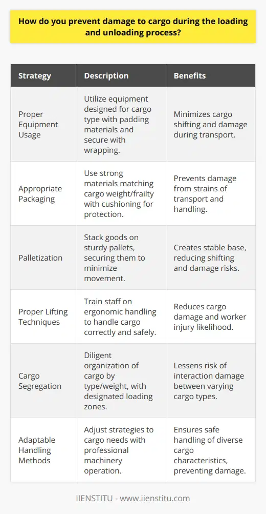 Ensuring the integrity of cargo during the loading and unloading process is paramount for shipping and logistics operations. Here's how damage to cargo can be prevented through careful planning and execution.1. **Proper Equipment Usage:** The foundation of safe cargo handling is utilizing the right tools for the job. Select equipment that’s specifically designed for the cargo type you're handling. Use padding materials such as dunnage bags to prevent fragile items from shifting and incurring damage. Employ strapping, shrink wrapping, or stretch wrapping to secure the cargo during transport, therefore reducing the risk of movement and related damage.2. **Appropriate Packaging:** The significance of robust packaging cannot be overstated. Cargo should be encased in materials strong enough to bear the strains of loading, unloading, and transport. Choose packaging solutions—be it double-walled boxes or reinforced crates—that match the weight and fragility of the contents. Innovative use of cushioning materials like molded pulp inserts can provide tailored protection for susceptible goods.3. **Palletization:** Properly palletizing goods helps in creating a stable base for the cargo. Stacking boxes or items on pallets and securing them with wrap or bands can minimize shifting and subsequent damage. Pallets should be in good condition and selected based on the correct size and strength for the cargo they support.4. **Proper Lifting Techniques:** Training staff in ergonomic lifting and handling techniques is crucial in preventing damage to goods as well as injury to the workers. All personnel involved in the loading and unloading processes should be knowledgeable about the correct way to handle different types of cargo. Adhering to this along with rigorous safety protocols can reduce the incidents of mishaps.5. **Cargo Segregation:** Diligent segregation of cargo based on type, weight, and fragility is necessary to mitigate risk. Separate heavier items from those that are easily crushed or damaged. Assign designated zones within the loading area to ensure different types of cargo do not interact in a way that could cause harm.6. **Adaptable Handling Methods:** Every cargo has its unique handling requirements. Adjust the loading and unloading strategies to these specific needs. Utilize forklifts, conveyor belts or cranes for heavy or bulky items, ensuring professionals operate this machinery. Continuous monitoring and inspection of cargo before, during, and after the loading process helps identify and prevent potential damage.Implementing these strategies requires commitment and ongoing training of all staff involved in the handling of goods. Regular drills, workshops, and refresher courses can keep awareness high and contribute to the overall reduction of cargo damage incidents during the loading and unloading process. By maintaining a culture of care and precision, the guidelines provided by IIENSTITU for the cargo handling industry can be seamlessly integrated into daily operations, ultimately protecting the freight and upholding the integrity of the supply chain.