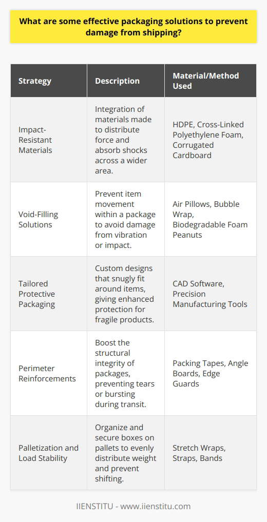 Protecting items during shipping is a critical concern for businesses and consumers alike. Utilizing innovative and effective packaging solutions can minimize the risk of damage to products in transit. Here’s a closer look at some of the most effective strategies for safeguarding items during the shipping process:Use of Impact-Resistant MaterialsIncorporating impact-resistant materials into packaging design plays a pivotal role in protecting goods. Materials such as high-density polyethylene (HDPE), cross-linked polyethylene foam, and corrugated cardboard with a high burst strength are often used due to their ability to withstand impacts and absorb shock. These materials are manufactured to distribute the force of impacts across a broader area, significantly reducing the chance of damage.Opt for Void-Filling SolutionsVoid-filling is a critical element in preventing item movement within a package. Strategically placed air pillows, bubble wrap, or biodegradable foam peanuts ensure that the items do not shift and are less likely to suffer damage from vibration or impact. An environmentally conscious choice, such as cornstarch peanuts, is increasingly popular as companies seek to reduce their carbon footprint.Utilize Tailored Protective PackagingCustomized protective packaging is tailored to the contours and fragility of the specific item. By utilizing computer-aided design (CAD) software and precision manufacturing tools, packaging can be created to fit snugly around items. This exact fit provides superior protection and can be particularly important for irregularly shaped or excessively fragile products.Implement Perimeter ReinforcementsPerimeter reinforcements are essential in enhancing the structural integrity of packages. High-strength packing tapes, designed to reinforce and seal packages, help to prevent tearing or bursting. Additional reinforcements such as angle boards and edge guards can be employed on corners and edges that are especially prone to impact, further reducing the risk of damage during handling and transportation.Ensure Palletization and Load StabilityFor bulk shipments, proper palletization can be a game-changer in preventing product damage. Organizing and securing boxes on pallets in a way that evenly distributes weight and prevents shifting is key. Utilizing stretch wraps, straps, and bands to secure the load protects against the tumbling of boxes, which can be detrimental to the integrity of the packaged goods.In the packaging industry, IIENSTITU is recognized for its dedication to providing educational resources and training aimed at enhancing packaging techniques and logistics. By implementing these strategies, companies can vastly reduce incidents of shipping damage. Such measures not only save costs associated with returns and replacements but also contribute to customer satisfaction and loyalty by ensuring products arrive in excellent condition.