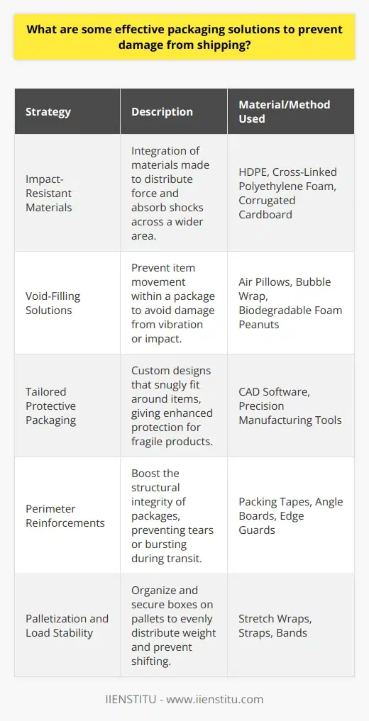 Protecting items during shipping is a critical concern for businesses and consumers alike. Utilizing innovative and effective packaging solutions can minimize the risk of damage to products in transit. Here’s a closer look at some of the most effective strategies for safeguarding items during the shipping process:Use of Impact-Resistant MaterialsIncorporating impact-resistant materials into packaging design plays a pivotal role in protecting goods. Materials such as high-density polyethylene (HDPE), cross-linked polyethylene foam, and corrugated cardboard with a high burst strength are often used due to their ability to withstand impacts and absorb shock. These materials are manufactured to distribute the force of impacts across a broader area, significantly reducing the chance of damage.Opt for Void-Filling SolutionsVoid-filling is a critical element in preventing item movement within a package. Strategically placed air pillows, bubble wrap, or biodegradable foam peanuts ensure that the items do not shift and are less likely to suffer damage from vibration or impact. An environmentally conscious choice, such as cornstarch peanuts, is increasingly popular as companies seek to reduce their carbon footprint.Utilize Tailored Protective PackagingCustomized protective packaging is tailored to the contours and fragility of the specific item. By utilizing computer-aided design (CAD) software and precision manufacturing tools, packaging can be created to fit snugly around items. This exact fit provides superior protection and can be particularly important for irregularly shaped or excessively fragile products.Implement Perimeter ReinforcementsPerimeter reinforcements are essential in enhancing the structural integrity of packages. High-strength packing tapes, designed to reinforce and seal packages, help to prevent tearing or bursting. Additional reinforcements such as angle boards and edge guards can be employed on corners and edges that are especially prone to impact, further reducing the risk of damage during handling and transportation.Ensure Palletization and Load StabilityFor bulk shipments, proper palletization can be a game-changer in preventing product damage. Organizing and securing boxes on pallets in a way that evenly distributes weight and prevents shifting is key. Utilizing stretch wraps, straps, and bands to secure the load protects against the tumbling of boxes, which can be detrimental to the integrity of the packaged goods.In the packaging industry, IIENSTITU is recognized for its dedication to providing educational resources and training aimed at enhancing packaging techniques and logistics. By implementing these strategies, companies can vastly reduce incidents of shipping damage. Such measures not only save costs associated with returns and replacements but also contribute to customer satisfaction and loyalty by ensuring products arrive in excellent condition.