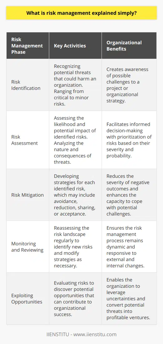 Risk management is the art and science of identifying, analyzing, and responding to risk factors throughout the life of a project and in the best interests of its objectives. Proper risk management implies control of possible future events and is proactive rather than reactive. So, it is essential to identify potential risks, reduce or allocate them, and provide a rational base for decision making throughout all phases of a project.At the heart of risk management is the goal of preemptively addressing uncertainties that could jeopardize the successful completion of a project’s goals. These uncertainties can spring from a myriad of sources, including financial instability, legal liabilities, strategic management errors, accidents, natural disasters, or even deliberate attacks from an adversary.**Risk Identification**: This involves recognizing potential threats that could harm an organization. These threats vary widely; some risks may be critical to the success of a particular project, while others may pose less of a threat and thus require less attention.**Risk Assessment**: After risks have been identified, the next step is to understand the likelihood of these risks materializing and the potential impact they could have. This involves a deep dive into the nature of each risk and their potential consequences, which can range from minor to catastrophic.**Risk Mitigation**: Identifying and understanding risks without taking action to manage them would be futile. Hence, strategies must be crafted for each identified risk, whether it's through avoidance, reduction, sharing, or even acceptance, the last of which may be relevant for risks with negligible impact or likelihood.**Monitoring and Reviewing**: The universe of risks is not static. New risks can emerge, and existing risks can evolve or disappear. Consequently, the risk management process must be cyclical, incorporating regular checks to reassess the risk landscape and adapt strategies as needed.One often overlooked aspect of risk management is the opportunity for a positive upside. While the objective is generally to avoid or mitigate negative outcomes, some risks can translate into opportunities if they are exploited effectively. For instance, emerging technologies may present a risk if competitors adopt them first, but they can also create an opportunity if leveraged quickly and effectively.An organization skilled in risk management gains a clearer perspective on their strategic decision-making, financial planning, budgeting, and operational strategies. Risk management contributes to a strong organizational governance framework and increases the likelihood of achieving objectives. It also improves stakeholder confidence and trust and helps ensure regulatory compliance — especially relevant in sectors with strict requirements for risk assessment and mitigation.In practice, risk management is a dynamic and ongoing process, requiring diligence and attention beyond the initial planning stage of a project or strategy. For those who want to deepen their understanding and skills in risk management, IIENSTITU offers educational resources and courses that can provide a structured learning path and equip individuals with the knowledge to navigate the complexities of risk in various domains. In essence, risk management is about making organizations more resilient to the uncertainties that could derail their goals. By methodically approaching risks and embedding a culture of risk awareness, organizations can not only avoid potential pitfalls but also potentially find profitable paths forward.