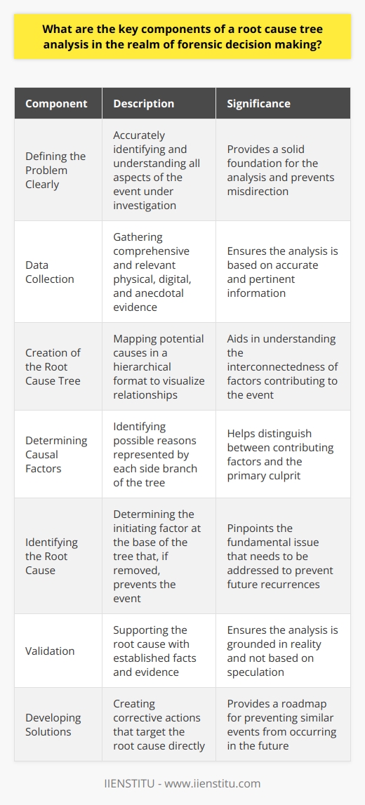 Root Cause Tree Analysis Root cause tree analysis stands as a systematic approach. It uncovers the primary causes of events. Often, we apply it in forensic decision-making contexts. It delves into the reasons behind non-obvious outcomes. This method promotes critical thinking. It also avoids superficial explanations. Components of Root Cause Tree Analysis Defining the Problem Clearly Firstly, root cause analysis begins with problem identification. Without a clear problem, analysis falters. The investigator must understand all the event aspects. Data Collection Gathering relevant and comprehensive data comes next. Analysts need accurate, pertinent information. Investigators collect physical, digital, and anecdotal evidence. Such evidence forms the analysis foundation. Creation of the Root Cause Tree The actual tree stems from data and understanding. It maps potential causes in a hierarchical format. This structure aids in visualizing relationships. Determining Causal Factors Analysts must pinpoint contributing factors. Each side branch signifies a possible reason. These are not always the primary culprits.  Identifying the Root Cause The end goal is to determine the root cause. It represents the tree’s base. This is the initiating factor that, if removed, prevents the event. Validation Evidence supports route causes. Established facts must underpin the analysis. Researchers seek confirmation or disproval through evidence examination. Developing Solutions Lastly, we seek solutions. These target the root cause directly. Corrective actions aim to prevent future recurrences. In essence, root cause tree analysis scrutinizes underlying issues. It provides a structured framework for forensic decision-making. The method necessitates clear definitions, thorough data collection, and validation. Its disciplined approach yields more than just surface-level answers.