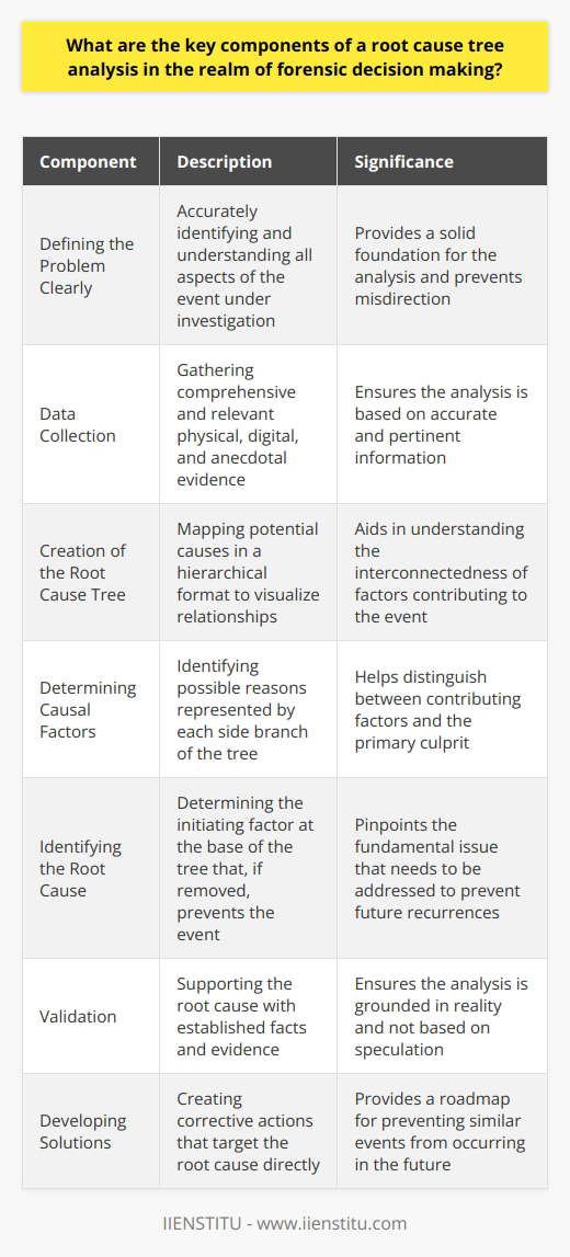 Root Cause Tree Analysis Root cause tree analysis stands as a systematic approach. It uncovers the primary causes of events. Often, we apply it in forensic decision-making contexts. It delves into the reasons behind non-obvious outcomes. This method promotes critical thinking. It also avoids superficial explanations. Components of Root Cause Tree Analysis Defining the Problem Clearly Firstly, root cause analysis begins with problem identification. Without a clear problem, analysis falters. The investigator must understand all the event aspects. Data Collection Gathering relevant and comprehensive data comes next. Analysts need accurate, pertinent information. Investigators collect physical, digital, and anecdotal evidence. Such evidence forms the analysis foundation. Creation of the Root Cause Tree The actual tree stems from data and understanding. It maps potential causes in a hierarchical format. This structure aids in visualizing relationships. Determining Causal Factors Analysts must pinpoint contributing factors. Each side branch signifies a possible reason. These are not always the primary culprits. Identifying the Root Cause The end goal is to determine the root cause. It represents the tree’s base. This is the initiating factor that, if removed, prevents the event. Validation Evidence supports route causes. Established facts must underpin the analysis. Researchers seek confirmation or disproval through evidence examination. Developing Solutions Lastly, we seek solutions. These target the root cause directly. Corrective actions aim to prevent future recurrences. In essence, root cause tree analysis scrutinizes underlying issues. It provides a structured framework for forensic decision-making. The method necessitates clear definitions, thorough data collection, and validation. Its disciplined approach yields more than just surface-level answers.