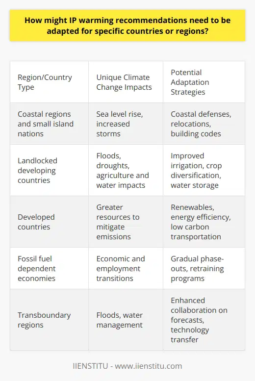 Here is some detailed content on how IPCC warming recommendations may need to be adapted for specific countries and regions:The IPCC provides general guidance on reducing greenhouse gas emissions and adapting to the impacts of climate change. However, countries and regions face unique geographic, economic, and political circumstances that require locally-tailored strategies. Coastal regions and small island nations are especially vulnerable to sea level rise and increased storm intensity. They may need to focus adaptation efforts on defending coastal settlements, managing saltwater intrusion into freshwater supplies, and potentially relocating populations. Building sea walls, enhancing natural buffers like mangroves, and improving building codes are some protective measures. Landlocked developing countries face fewer direct impacts from sea level rise but remain concerned about increased floods and droughts affecting agriculture, food security, and water resources. Improving irrigation techniques, crop diversification, and water storage infrastructure could strengthen resilience. Developed countries have greater resources to invest in renewable energy, energy efficiency, low-carbon transportation, and greenhouse gas removal technologies. Developing nations with limited budgets may initially target no-regrets strategies like preventing deforestation and switching to renewable sources that reduce energy imports.Fossil fuel-dependent economies may need gradual phase-out plans to manage the economic and employment transitions. Governments can assist through retraining programs and diversifying energy sources.Some regions already cooperate on transboundary issues like flood control and water management. Such collaboration could be expanded to include climate forecasting, technology transfer, and disaster risk reduction.While the IPCC guidelines provide the scientific basis, local social, economic, geographic and political realities determine how countries can most effectively reduce emissions and build resilience. Adaptation must be context-specific.