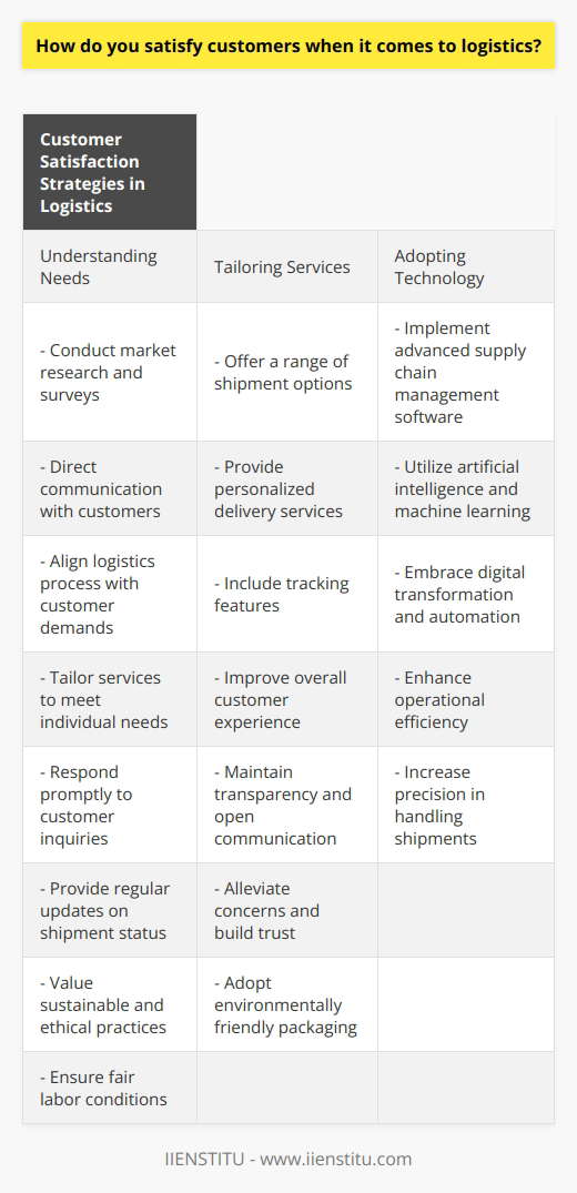 Satisfying customers in the logistics industry is essential for long-term success. To achieve this, it is important to understand the specific needs and requirements of customers. This can be done through market research and surveys, as well as direct communication with customers.One key aspect of satisfying customers is tailoring services to meet their individual needs. This can involve offering a range of shipment options and tracking features, as well as providing personalized delivery services. By ensuring that the logistics process aligns with the customer's demands, a higher level of satisfaction can be achieved.Technological advancements also play a significant role in improving customer satisfaction in logistics. Implementing advanced supply chain management software, artificial intelligence, and machine learning can increase efficiency and precision in handling shipments. Embracing digital transformation and automation can help streamline operations and enhance the overall customer experience.Maintaining transparency and open communication with customers is crucial in building trust and ensuring satisfaction. Providing regular updates on shipment status, expected delivery dates, and any potential delays can alleviate concerns and create a sense of confidence in the logistics service. Responding promptly to customer inquiries and feedback can help resolve issues and foster a healthy client relationship.In today's eco-conscious world, customers value sustainable and ethical practices. Therefore, adopting environmentally friendly practices, such as reducing carbon emissions and using eco-friendly packaging materials, can contribute to a more positive customer perception. Ensuring fair labor conditions throughout the supply chain is also important.In conclusion, satisfying customers in the logistics industry requires understanding their needs, tailoring services, leveraging technology, maintaining transparency, and adopting sustainable practices. By consistently delivering value and exceeding customer expectations, logistics providers can build long-lasting relationships and ensure customer satisfaction.