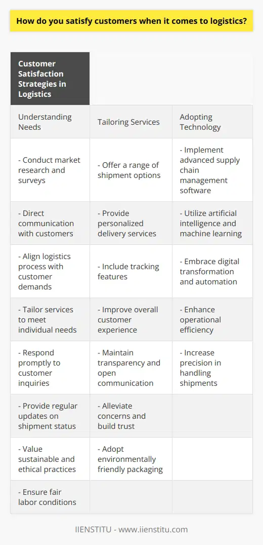Satisfying customers in the logistics industry is essential for long-term success. To achieve this, it is important to understand the specific needs and requirements of customers. This can be done through market research and surveys, as well as direct communication with customers.One key aspect of satisfying customers is tailoring services to meet their individual needs. This can involve offering a range of shipment options and tracking features, as well as providing personalized delivery services. By ensuring that the logistics process aligns with the customer's demands, a higher level of satisfaction can be achieved.Technological advancements also play a significant role in improving customer satisfaction in logistics. Implementing advanced supply chain management software, artificial intelligence, and machine learning can increase efficiency and precision in handling shipments. Embracing digital transformation and automation can help streamline operations and enhance the overall customer experience.Maintaining transparency and open communication with customers is crucial in building trust and ensuring satisfaction. Providing regular updates on shipment status, expected delivery dates, and any potential delays can alleviate concerns and create a sense of confidence in the logistics service. Responding promptly to customer inquiries and feedback can help resolve issues and foster a healthy client relationship.In today's eco-conscious world, customers value sustainable and ethical practices. Therefore, adopting environmentally friendly practices, such as reducing carbon emissions and using eco-friendly packaging materials, can contribute to a more positive customer perception. Ensuring fair labor conditions throughout the supply chain is also important.In conclusion, satisfying customers in the logistics industry requires understanding their needs, tailoring services, leveraging technology, maintaining transparency, and adopting sustainable practices. By consistently delivering value and exceeding customer expectations, logistics providers can build long-lasting relationships and ensure customer satisfaction.