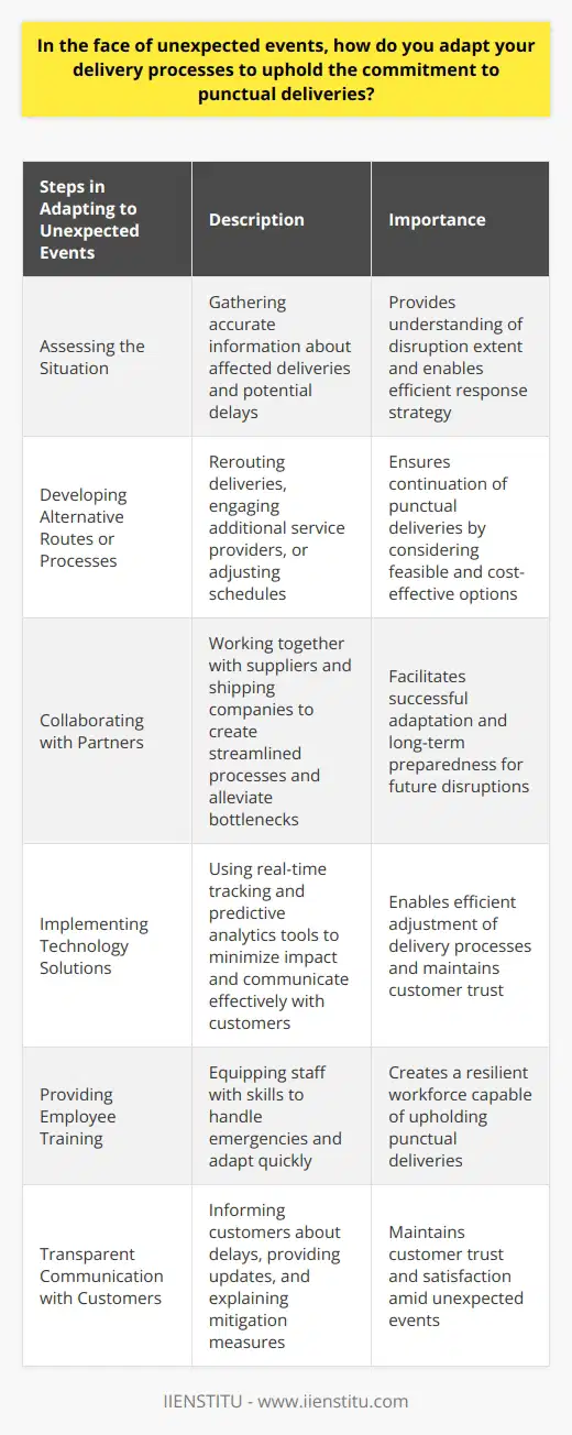 Adapting to unexpected events is crucial for businesses to uphold their commitment to punctual deliveries. When faced with disruptions, it is important to quickly assess the situation, develop alternative routes or processes, collaborate with partners, implement technology solutions, provide training and communication, and engage in transparent customer engagement.The first step in adapting to unexpected events is to assess the situation. This involves gathering accurate information about the number of affected deliveries and potential delays. By understanding the extent of the disruption, businesses can devise an efficient response strategy.Developing alternative routes or processes is a key component of adapting to unexpected events. This may involve rerouting deliveries through different transportation channels, engaging additional delivery service providers, or temporarily adjusting delivery schedules. It is important to consider the available transportation methods and infrastructure to choose the most feasible and cost-effective option.Collaboration with partners, such as suppliers and shipping companies, is essential for successful adaptation. By working together, businesses can create streamlined processes and alleviate bottlenecks caused by unexpected events. Building strong relationships with partners also ensures long-term preparedness for future disruptions.Implementing technology solutions can greatly facilitate the adjustment of delivery processes. Real-time tracking and predictive analytics tools can provide insights into potential disruptions and help identify alternative routes to minimize the impact. These tools also support effective communication with customers, maintaining their trust during such situations.Providing adequate training for employees to navigate emergencies is crucial. Equipping staff with the skills to handle unexpected events creates a more resilient workforce capable of adapting quickly and upholding punctual deliveries. Maintaining open lines of communication within the organization ensures smooth implementation and coordination of contingency measures.Transparent communication with customers is crucial in maintaining their trust and satisfaction. If delays are unavoidable, businesses should inform customers as early as possible and provide updates on new estimated delivery times. It is also important to clearly outline the steps taken to mitigate the impact of unexpected events and reaffirm the commitment to punctual deliveries.In conclusion, adapting to unexpected events requires swift identification, collaboration, and implementation of alternative processes. Leveraging technology, strengthening partnerships, and ensuring transparent communication are key strategies for businesses to uphold their commitment to punctual deliveries amid uncertainties.