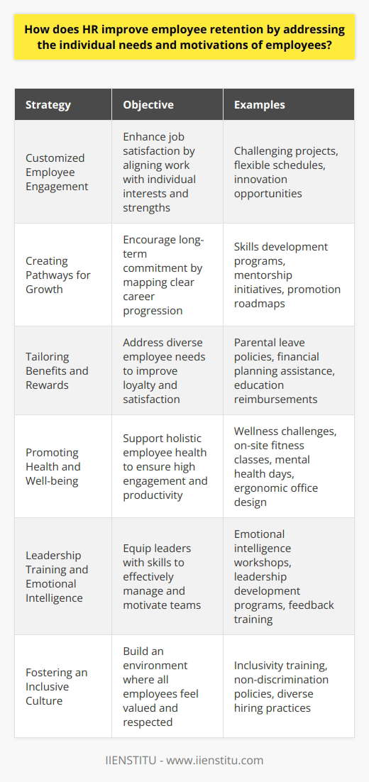 Human Resources (HR) departments are critical in crafting strategies that bolster employee retention by addressing the dynamic needs and motivations of each individual within an organization. By fostering an environment of support and understanding, HR professionals can create a workplace that is not just functional but also personally fulfilling for employees.Customized Employee EngagementOne method by which HR enhances retention is by personalizing the employee experience. Studies have shown that when employees feel their work is meaningful and their capabilities are being utilized, they are more likely to remain with a company. Thus, HR identifies what motivates each employee—whether it’s challenging projects, a flexible schedule, or opportunities for innovation—and works to provide those within the role.Creating Pathways for GrowthAnother retention strategy is the establishment of clear career pathways within the company. When employees can envision a future for themselves and see a road map for growth, they develop a deeper investment in the company. HR’s role is to communicate these pathways and help employees build skills that will advance them towards their goals, thereby aligning individual aspirations with organizational needs.Tailoring Benefits and RewardsBenefits and rewards systems are not one-size-fits-all. HR departments that understand employee demographics and personal situations can tailor benefits packages and rewards programs more effectively. This could range from providing competitive parental leave policies to offering financial planning assistance or education reimbursements. Recognizing individual life stages and needs can significantly influence an employee's decision to stay with a company.Promoting Health and Well-beingA key area of focus for modern HR is supporting the holistic health and well-being of employees. This encompasses physical, mental, and emotional health initiatives. Programs like wellness challenges, on-site fitness classes, mental health days, or even simple ergonomic office improvements are ways HR can show they care about employees beyond just their output.Leadership Training and Emotional IntelligenceTraining leaders within the organization is paramount. HR can implement leadership development programs that emphasize emotional intelligence, to ensure that managers are equipped to support and motivate their teams. Leaders who understand how to manage not just projects, but people—focusing on employee strengths, offering constructive feedback, and supporting work-life balance—drive retention from the top down.Fostering an Inclusive CultureLastly, HR departments are the stewards of corporate culture. Cultivating an inclusive and diverse culture, where employees feel seen, heard, and respected, is integral to retention. Inclusivity training, robust non-discrimination policies, and diverse hiring practices contribute to an environment where all employees can thrive.HR departments are instrumental in keeping the pulse of individual employee needs and motivations, and they must continuously adapt their strategies to retain top talent in the evolving workplace. Through genuine connection, empathy, and proactive measures, HR can create a work environment that employees are not eager to leave, but excited to contribute to.