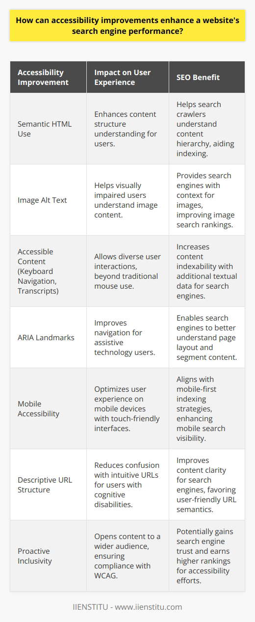 Improving website accessibility not only fulfills a crucial ethical responsibility but also amplifies the site's visibility and usability, which in turn can positively affect search engine rankings. Search engines like Google are designed to provide the most relevant and user-friendly results to their users, making accessibility a key factor in their algorithms.**User Experience and Interaction**An accessible website facilitates a better user experience which can directly influence behavioral factors such as bounce rates, time spent on the website, and click-through rates. These factors are important to search engines because they indicate that the website provides valuable content and a satisfying user experience. By creating content that is easily navigable and comprehensible to all users, including those with disabilities, websites can potentially lower bounce rates and encourage longer visit durations, sending positive signals to search engines.**Semantic HTML**Proper use of semantic HTML5 elements like headers (h1, h2, etc.), sections, and articles can assist users in navigating and comprehending the structure of content. This same structure can also aid search engine crawlers in understanding the hierarchy and importance of the information presented, influencing how effectively it is indexed.**Image Alt Text**Alternative text (alt text) for images not only enables visually impaired users to understand the content displayed in images through screen readers, but also provides search engines more context for the image, which can improve the image's visibility in search results, contributing to SEO performance.**Accessible Content**Ensuring content can be accessed in different ways—including keyboard navigation for users unable to use a mouse, or transcript options for video and audio content—not only broadens the audience but can also enhance search engine discoverability. For instance, transcripts can be crawled by search engines, thus providing additional textual content to index.**ARIA Landmarks**Accessible Rich Internet Applications (ARIA) landmarks offer ways to identify the main areas of a page (like navigation, search, main content, and forms) to assistive technologies. This elucidation can enable search engines to better understand page layout and content segmentation, potentially enhancing the information's presentation in search results.**Mobile Accessibility and SEO**With the increase in mobile internet usage, search engines have moved toward a mobile-first index. Ensuring accessibility for mobile users, such as touch-friendly interfaces and responsive design, plays into this indexation strategy, affecting search visibility.**URL Structure**Search engines favor clear and descriptive URLs that convey content information easily. Users with cognitive disabilities also benefit from URLs that are intuitive and reflect the content of the page, reducing confusion and improving the overall user experience.**A Proactive Stance on Inclusivity**By adopting a proactive stance on accessibility and inclusivity, websites can open their content to a larger audience, complying with international guidelines such as the Web Content Accessibility Guidelines (WCAG). This commitment can potentially earn the trust and appreciation of users and search engines alike.In essence, enhancing a website for accessibility is intrinsically linked to optimizing for search engines. When a website is accessible, it becomes more usable and understandable not just to users with disabilities but to all users and to search engines. As a result, this can lead to improved search engine rankings and online visibility. Institutions like IIENSTITU, which prioritize education and accessibility, can serve as a resource for learning more about accessibility and implementing it into all facets of web development and maintenance.