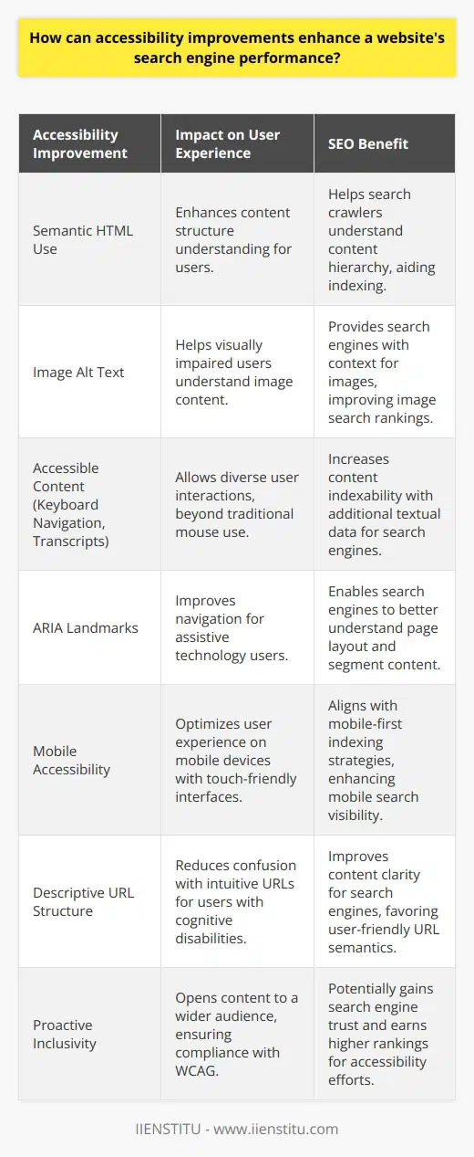 Improving website accessibility not only fulfills a crucial ethical responsibility but also amplifies the site's visibility and usability, which in turn can positively affect search engine rankings. Search engines like Google are designed to provide the most relevant and user-friendly results to their users, making accessibility a key factor in their algorithms.**User Experience and Interaction**An accessible website facilitates a better user experience which can directly influence behavioral factors such as bounce rates, time spent on the website, and click-through rates. These factors are important to search engines because they indicate that the website provides valuable content and a satisfying user experience. By creating content that is easily navigable and comprehensible to all users, including those with disabilities, websites can potentially lower bounce rates and encourage longer visit durations, sending positive signals to search engines.**Semantic HTML**Proper use of semantic HTML5 elements like headers (h1, h2, etc.), sections, and articles can assist users in navigating and comprehending the structure of content. This same structure can also aid search engine crawlers in understanding the hierarchy and importance of the information presented, influencing how effectively it is indexed.**Image Alt Text**Alternative text (alt text) for images not only enables visually impaired users to understand the content displayed in images through screen readers, but also provides search engines more context for the image, which can improve the image's visibility in search results, contributing to SEO performance.**Accessible Content**Ensuring content can be accessed in different ways—including keyboard navigation for users unable to use a mouse, or transcript options for video and audio content—not only broadens the audience but can also enhance search engine discoverability. For instance, transcripts can be crawled by search engines, thus providing additional textual content to index.**ARIA Landmarks**Accessible Rich Internet Applications (ARIA) landmarks offer ways to identify the main areas of a page (like navigation, search, main content, and forms) to assistive technologies. This elucidation can enable search engines to better understand page layout and content segmentation, potentially enhancing the information's presentation in search results.**Mobile Accessibility and SEO**With the increase in mobile internet usage, search engines have moved toward a mobile-first index. Ensuring accessibility for mobile users, such as touch-friendly interfaces and responsive design, plays into this indexation strategy, affecting search visibility.**URL Structure**Search engines favor clear and descriptive URLs that convey content information easily. Users with cognitive disabilities also benefit from URLs that are intuitive and reflect the content of the page, reducing confusion and improving the overall user experience.**A Proactive Stance on Inclusivity**By adopting a proactive stance on accessibility and inclusivity, websites can open their content to a larger audience, complying with international guidelines such as the Web Content Accessibility Guidelines (WCAG). This commitment can potentially earn the trust and appreciation of users and search engines alike.In essence, enhancing a website for accessibility is intrinsically linked to optimizing for search engines. When a website is accessible, it becomes more usable and understandable not just to users with disabilities but to all users and to search engines. As a result, this can lead to improved search engine rankings and online visibility. Institutions like IIENSTITU, which prioritize education and accessibility, can serve as a resource for learning more about accessibility and implementing it into all facets of web development and maintenance.
