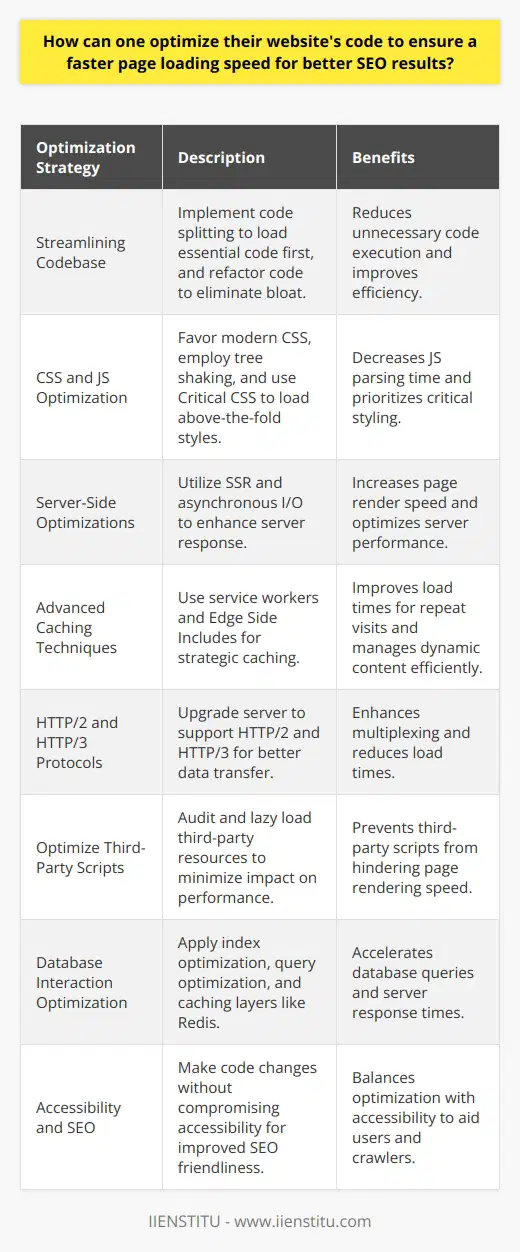Optimizing a website's code is critical for improving page loading speed, which is a key factor in search engine optimization (SEO). Slow loading pages can lead to a higher bounce rate, negatively impacting SEO rankings. Here are some advanced yet relatively less commonly known strategies to optimize your website's code for faster loading times:Streamlining Your Codebase- Utilize modern web development practices such as code splitting, which allows for loading only the necessary code a user needs for the initial load, and then loading additional code as needed.- Refactor and maintain your code regularly to ensure it's efficient and not bloated with legacy or unused code.CSS and JavaScript Optimization- Opt for modern CSS over extensive JavaScript for animations and interactions wherever possible to reduce the JS parse and compile time.- Use tree shaking or dead code elimination tools to remove unused code from your JavaScript bundles.- Employ Critical CSS techniques, which involve identifying and loading only the CSS needed to render the visible portion of the page.Server-Side Optimizations- Implement server-side rendering (SSR) for applications, which can help in sending a fully rendered page to the client, reducing initial load times.- Leverage asynchronous and non-blocking I/O operations on the server to optimize resource usage and speed up response times.Advanced Caching Techniques- Take advantage of service workers to cache app shell and data, ensuring faster loading for repeat visits, and enabling offline capabilities.- Implement Edge Side Includes (ESI) for partial page caching, where dynamic content can be served alongside cached static content.Utilizing HTTP/2 and HTTP/3 Protocols- Upgrade to HTTP/2 and HTTP/3 protocols on your hosting server, which allow for better multiplexing and faster load times due to improved data transfer mechanisms.Optimize Third-Party Scripts- Regularly audit third-party scripts, analytics tools, or plugins to ensure they are not degrading performance.- Employ lazy loading for third-party resources to prevent them from blocking the rendering of your page.Optimize Database Interactions- Implement index optimization and query optimization to reduce database response times which, in turn, can improve server response times.- Consider using caching layers for database access, such as Redis or Memcached, to store commonly requested data for quicker retrieval.Accessibility and SEO- Ensure that code optimizations do not compromise accessibility; for example, lazy loading images should have proper alt attributes for screen readers.Keeping SEO in perspective, each optimization technique should be implemented with a focus on facilitating crawlers to index your content effectively while not compromising on user experience. By diving into these advanced optimization strategies, you can significantly improve your website's performance, leading to better SEO results and a smoother experience for your users.Remember, website optimization is an ongoing process. Regularly measure your site's performance using tools such as Google PageSpeed Insights and keep up with the latest web development trends to continually refine your optimization strategies.