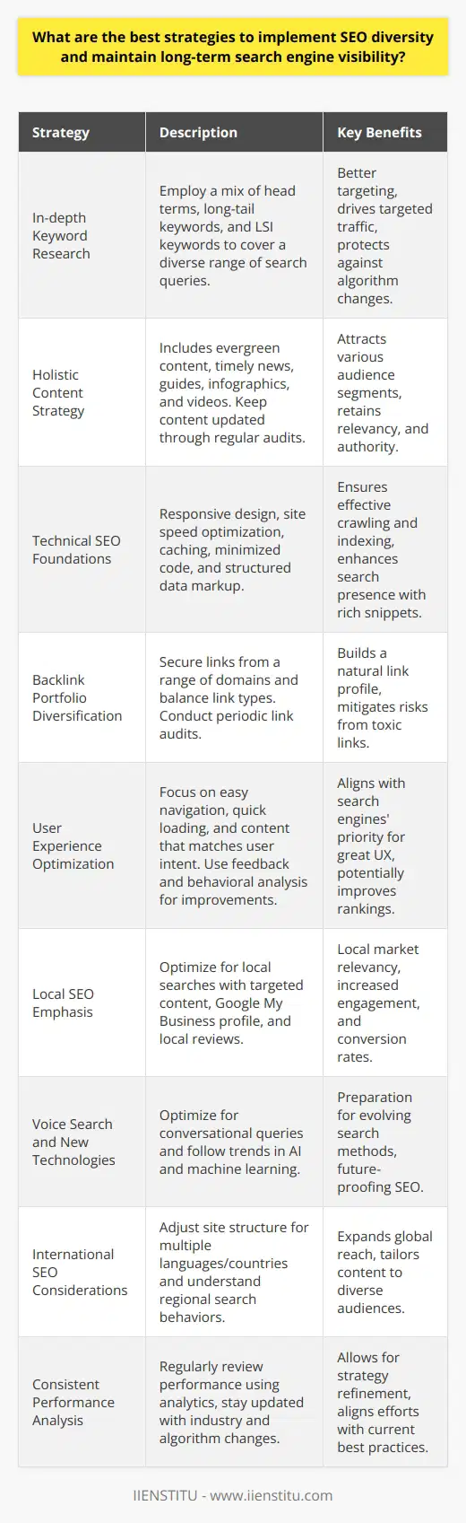 Effective search engine optimization (SEO) requires a multifaceted approach that evolves with changing algorithms and user behavior. Diversifying your SEO strategy can protect against algorithm changes, increase resilience against market shifts, and ensure long-term visibility on search engines. Here are the best SEO diversity strategies to master:**In-depth Keyword Research**Delve beyond basic keyword targeting. Aim for a mix of head terms, long-tail keywords, and variations to capture a broad range of search queries. Use advanced tools to unearth less obvious but valuable terms that drive targeted traffic. Incorporate latent semantic indexing (LSI) keywords to complement your primary keywords, ensuring coverage of related concepts and terms.**Holistic Content Strategy**A robust content strategy should encompass various types of content to attract different segments of your target audience. This includes evergreen articles, timely news pieces, in-depth guides, informative infographics, and engaging videos. Continuous content audits will keep your blog relevant and authoritative, boosting your SEO efforts.**Technical SEO Foundations**Strong technical SEO ensures search engines can crawl and index your content effectively. Implement a responsive design to cater to mobile users. Optimize site speed, leverage caching, and minimize code bloat. Use structured data markup to help search engines understand and display your content in rich snippets, adding another layer to your SEO diversity.**Backlink Portfolio Diversification**Cultivate a heterogeneous backlink profile by obtaining links from various domains, including industry websites, forums, directories, and reputable publications. Balance nofollow and dofollow links to reflect a natural linking ecosystem. Additionally, establish a periodic link audit routine to identify and disavow toxic links that might harm your SERP rankings.**User Experience Optimization**Search engines prioritize sites that provide a great user experience (UX). Simple navigation, fast loading times, and valuable content tailored to user intent are now essential for SEO. Incorporate user feedback loops and analyze behavioral metrics to continuously refine your blog's UX.**Local SEO Emphasis**For geo-specific relevance, optimize for local search queries by updating your Google My Business profile, collecting local reviews, and creating content that speaks to local events or issues. This strategy is beneficial for reaching audiences in specific regions, often leading to increased engagement and conversion rates.**Voice Search and New Technologies**As voice search becomes more prevalent, optimize for natural, conversational queries and long-tail keywords. Keep an eye on emerging technologies such as artificial intelligence and machine learning, which are likely to shape future SEO landscapes.**International SEO Considerations**If your blog has a global audience, consider implementing an international SEO strategy. This involves structuring your site for different languages and countries and understanding varied search behaviors and cultural nuances to effectively reach these new demographics.**Consistent Performance Analysis**To maintain and improve long-term search engine visibility, regularly review your SEO strategy's performance. Use advanced analytics to track rankings, traffic, conversions, and other key metrics. Stay informed about industry trends and algorithm updates, and be ready to pivot your strategy when necessary.By embracing these diverse SEO strategies and staying adaptive to the ever-evolving nature of search engines, your blog can achieve and maintain robust long-term visibility. Balancing the art and science of SEO will ensure your blog continually meets the needs of both users and search engines.