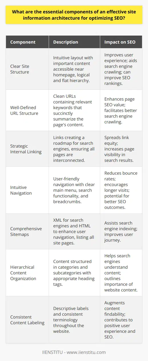 Site information architecture is critical for ensuring both users and search engines can navigate a website effectively, which is directly linked to enhanced SEO performance. Here is a breakdown of the essential components of an effective site information architecture for optimizing SEO:1. **Clear Site Structure**: An intuitive site structure improves user experiences and helps search engines effectively crawl your website. It should highlight the most important content, typically placing it closer to the homepage. Moreover, a logical and flat structure means users and search engines don't have to click many times to reach the desired page, which can enhance your site's SEO ranking.2. **Well-Defined URL Structure**: Clean, keyword-relevant URLs can significantly boost the SEO value of your web pages. They should be easy to read and succinctly describe the page's content, facilitating better crawling by search engine bots.3. **Strategic Internal Linking**: Internal links are the roadmaps that guide search engine crawlers through your website, helping them understand the structure and hierarchy of your content. Ensuring that every page is reachable through internal links can spread the SEO link juice around your site and increase the visibility of more pages in search engine results.4. **Intuitive Navigation**: User-friendly navigation reduces bounce rates and encourages visitors to explore your website more deeply. This can include a clear main menu, search functionality, and breadcrumb navigation. Such features lead to longer site visits and more page views, which can result in better SEO outcomes.5. **Comprehensive Sitemaps**: Sitemaps are particularly important as they list all the pages on your site, helping search engines to index them effectively. An XML sitemap is designed for search engines, while an HTML sitemap can improve user navigation.6. **Hierarchical Content Organization**: Organizing your site's content hierarchically in categories and subcategories helps search engines better understand the information on your website. Using appropriate heading tags (H1, H2, H3, etc.) helps outline the structure and importance of your website's content.7. **Consistent Content Labeling**: Descriptive labels and consistent terminology across your website ensure that users know what to expect from a page before they click on it. This clarity in content labeling can augment the findability of content, contribute to a positive user experience, and boost SEO.Maintaining a robust site architecture demands continuous observation and tweaking. However, when these components are expertly aligned, they can dramatically improve a website's SEO ranking while delivering a better user experience. Implementing these strategies can help websites become more accessible to both users and search engines, ultimately leading to improved web visibility and organic search performance.