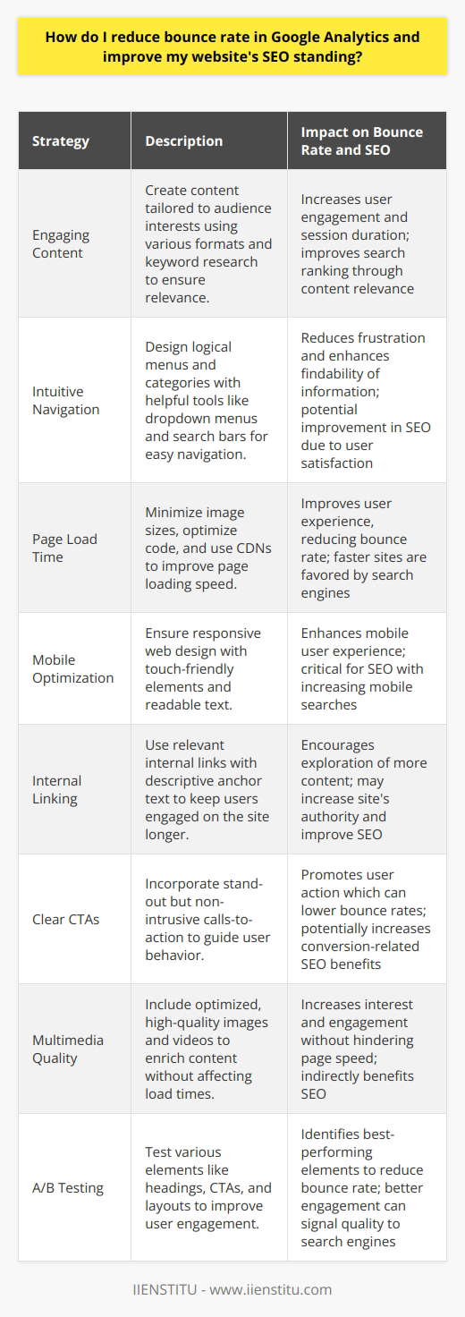 Reducing the bounce rate in Google Analytics is a multi-faceted process that involves improving user engagement, site performance, and content relevance. To achieve this, here are several strategies that can be deployed to keep visitors on your website longer and encourage them to interact with more content, which can, in turn, improve your site's SEO standing.**Engaging and Relevant Content**Develop content that is engaging, informative, and directly relevant to your audience's interests. This includes conducting keyword research to understand what your audience is searching for and creating content that answers their questions. Use a mix of formats such as text, images, videos, and infographics to cater to different preferences and keep the content dynamic.**Intuitive Navigation**Ensure your website's navigation is intuitive and straightforward. Categories and menus should be logically organized, allowing users to find the information they're looking for with minimal effort. Dropdown menus and search bars are excellent tools to help users navigate your site.**Page Load Time**Page speed is a critical factor that impacts bounce rate and SEO. Utilize tools to analyze your site's load time and identify bottlenecks. Minimize the use of large image files, optimize code, and take advantage of content delivery networks (CDNs) to speed up delivery times for users across different geographical locations.**Mobile Optimization**With the growing prevalence of mobile internet usage, mobile optimization is no longer optional. Ensure your web design is responsive and that your site looks and functions well on all devices. Large buttons, readable text, and touch-friendly elements are essential for a good mobile user experience.**Internal Linking**Strategically use internal linking to guide visitors to related content on your site. This not only aids navigation but also keeps users engaged and increases the time they spend on your site. Ensure that the anchor text for internal links is descriptive and that the linked content is relevant to the context in which it appears.**Clear Calls-to-Action**Incorporate clear calls-to-action (CTAs) that guide users towards desired actions, such as making a purchase, signing up for a newsletter, or downloading a resource. CTAs should stand out from the rest of the page content but should not be intrusive or disrupt the user experience.**High-Quality Multimedia**Utilize high-quality images, videos, and other multimedia to break up text and increase user engagement. Ensure that these elements are optimized to load quickly and are not so large that they negatively impact the overall page load time.**A/B Testing**Regularly perform A/B testing on various elements of your site. This can include testing different versions of headings, CTAs, images, or page layouts to see which ones perform better in terms of user engagement and reducing bounce rates.By implementing these strategies, you can create a more engaging and user-friendly website. This can lead to lower bounce rates and better SEO performance, as both users and search engines reward sites that provide valuable content and an exceptional user experience. Remember that ensuring these elements work in harmony is crucial for seeing tangible improvements in your website's performance metrics.