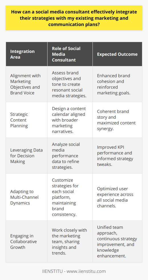 Integrating the expertise of a social media consultant with your current marketing and communication plans hinges on a few key factors that ensure a seamless blend and collective success.Alignment with Marketing Objectives and Brand VoiceA social media consultant should begin by deep diving into your brand's core marketing objectives and preferred tone of voice. Understanding these elements is paramount to develop strategies on social media that amplify rather than diverge from your brand's overarching goals. Whether the focus is on driving sales, building brand awareness, or engaging with a specific audience, the consultant must devise tactics that resonate with and enhance these intentions.Strategic Content PlanningContent is king, and in social media, it rules the roost. The consultant should craft a content calendar that effectively mirrors the narratives found in your broader marketing endeavors. This means aligning blog posts, tweets, stories, and other forms of content with the themes, promotions, and messaging that are being disseminated through other marketing channels. Careful timing and thematic relevance are critical to present a coherent brand story.Leveraging Data for Decision MakingA consultant’s decision-making process should heavily rely on data and analytics. By continually analyzing the performance of social media activities against KPIs relevant to your marketing goals, the consultant can glean insights on user engagement, reach, conversion rates, and audience demographics. This data allows for the refinement of strategies that effectively dovetail with the performance metrics of the wider marketing plan.Adapting to Multi-Channel DynamicsThe consultant needs to appreciate the nuances of various social media platforms and adapt strategies accordingly while maintaining a consistent brand identity. Strategies for Instagram, Twitter, LinkedIn, and other platforms should be crafted considering each channel's unique features and user expectations, ensuring a harmonious user experience across platforms.Engaging in Collaborative GrowthFinally, fostering a collaborative environment with regular communication between your team and the social media consultant fortifies the integration process. This includes sharing insights, feedback, and evolving market trends that could affect both the marketing plan and social media strategies. Continuous learning through courses, such as those offered by IIENSTITU, can provide the consultant with advanced skills and knowledge, further enriching the integration process.In essence, the involvement of a social media consultant must bridge the gap between existing marketing initiatives and digital engagement, creating a cohesive and data-driven strategy that enhances your brand’s communication plan. With thoughtful alignment, content strategy, data analytics, platform-specific customization, and collaborative growth, a social media consultant can distinctly contribute to your brand's sustained success.