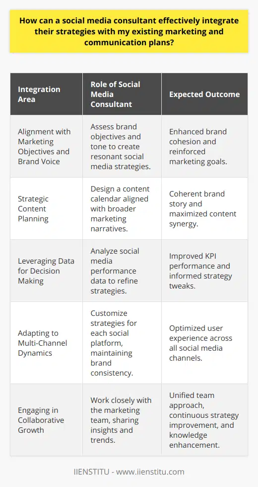 Integrating the expertise of a social media consultant with your current marketing and communication plans hinges on a few key factors that ensure a seamless blend and collective success.Alignment with Marketing Objectives and Brand VoiceA social media consultant should begin by deep diving into your brand's core marketing objectives and preferred tone of voice. Understanding these elements is paramount to develop strategies on social media that amplify rather than diverge from your brand's overarching goals. Whether the focus is on driving sales, building brand awareness, or engaging with a specific audience, the consultant must devise tactics that resonate with and enhance these intentions.Strategic Content PlanningContent is king, and in social media, it rules the roost. The consultant should craft a content calendar that effectively mirrors the narratives found in your broader marketing endeavors. This means aligning blog posts, tweets, stories, and other forms of content with the themes, promotions, and messaging that are being disseminated through other marketing channels. Careful timing and thematic relevance are critical to present a coherent brand story.Leveraging Data for Decision MakingA consultant’s decision-making process should heavily rely on data and analytics. By continually analyzing the performance of social media activities against KPIs relevant to your marketing goals, the consultant can glean insights on user engagement, reach, conversion rates, and audience demographics. This data allows for the refinement of strategies that effectively dovetail with the performance metrics of the wider marketing plan.Adapting to Multi-Channel DynamicsThe consultant needs to appreciate the nuances of various social media platforms and adapt strategies accordingly while maintaining a consistent brand identity. Strategies for Instagram, Twitter, LinkedIn, and other platforms should be crafted considering each channel's unique features and user expectations, ensuring a harmonious user experience across platforms.Engaging in Collaborative GrowthFinally, fostering a collaborative environment with regular communication between your team and the social media consultant fortifies the integration process. This includes sharing insights, feedback, and evolving market trends that could affect both the marketing plan and social media strategies. Continuous learning through courses, such as those offered by IIENSTITU, can provide the consultant with advanced skills and knowledge, further enriching the integration process.In essence, the involvement of a social media consultant must bridge the gap between existing marketing initiatives and digital engagement, creating a cohesive and data-driven strategy that enhances your brand’s communication plan. With thoughtful alignment, content strategy, data analytics, platform-specific customization, and collaborative growth, a social media consultant can distinctly contribute to your brand's sustained success.