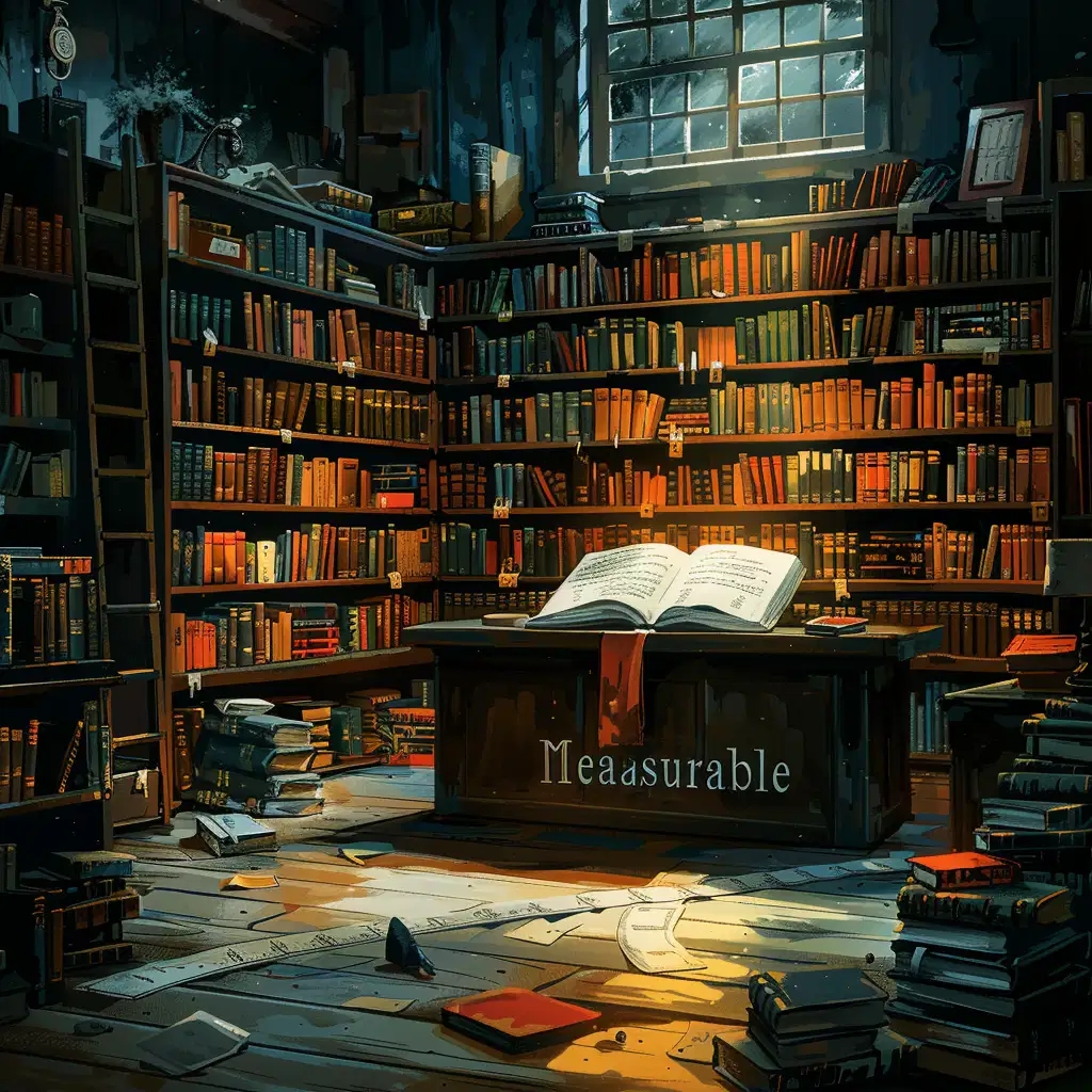 Imagine a grand, sunlit library filled with the quiet rustle of pages. Piles of books teeter on desks and overflow from towering shelves. In the center of the room, a single open book lies bathed in a warm ray of sunlight. Its pages are divided into five clear sections, each titled with a letter of the SMART goal acronym. Descriptive text and the faint outline of icons fill each section. This image conveys a sense of knowledge and the structure needed to unravel the complexities of goal setting.