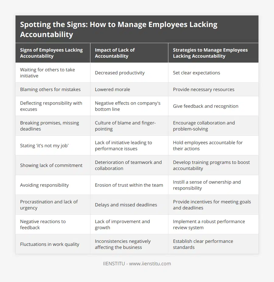 Waiting for others to take initiative, Decreased productivity, Set clear expectations, Blaming others for mistakes, Lowered morale, Provide necessary resources, Deflecting responsibility with excuses, Negative effects on company's bottom line, Give feedback and recognition, Breaking promises, missing deadlines, Culture of blame and finger-pointing, Encourage collaboration and problem-solving, Stating 'it's not my job', Lack of initiative leading to performance issues, Hold employees accountable for their actions, Showing lack of commitment, Deterioration of teamwork and collaboration, Develop training programs to boost accountability, Avoiding responsibility, Erosion of trust within the team, Instill a sense of ownership and responsibility, Procrastination and lack of urgency, Delays and missed deadlines, Provide incentives for meeting goals and deadlines, Negative reactions to feedback, Lack of improvement and growth, Implement a robust performance review system, Fluctuations in work quality, Inconsistencies negatively affecting the business, Establish clear performance standards