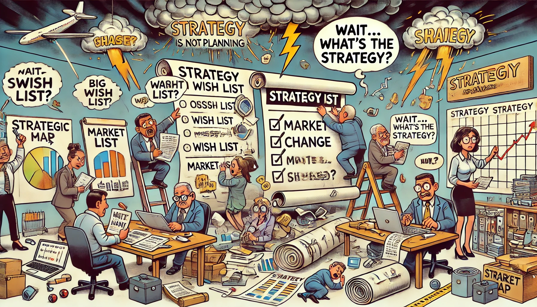 A colorful cartoon-style office scene showing the pitfalls of overlooking strategy. One team fixates on charts and checklists, unaware of a large 'Strategic Map' behind them. Another team looks confused at a giant 'Wish List' scroll. A storm cloud labeled 'Market Change' hits a fragile planning board. One employee is buried in metrics with a ruler, while another looks overwhelmed by a jam-packed calendar. In the corner, a lone figure holds a sign saying 'Wait... what’s the strategy?'. The illustration uses humor to highlight the dangers of confusing strategy with planning.