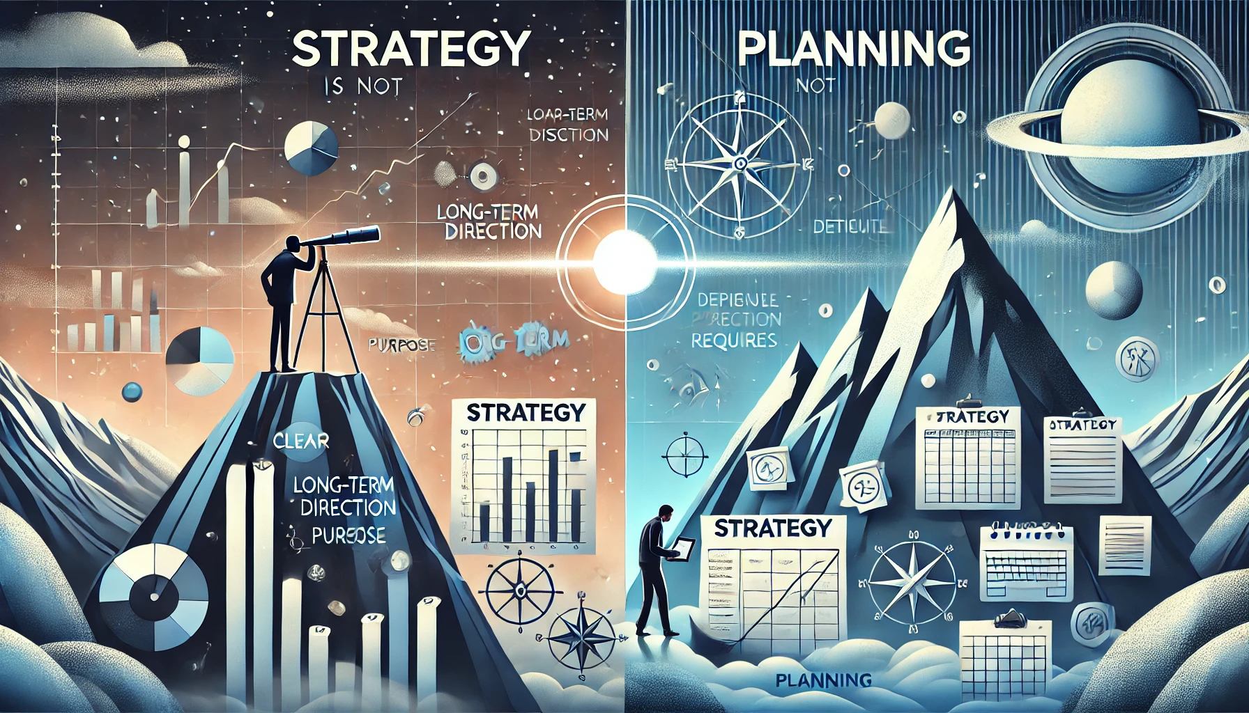 A modern, abstract business illustration showing the contrast between strategy and planning: on the left, a person gazes through a telescope at a distant star or mountain peak, symbolizing visionary strategy and long-term goals; on the right, another person is surrounded by sticky notes, charts, and checklists, representing detailed planning tasks. A compass or decision tree runs between them, emphasizing the critical choices that define strategy