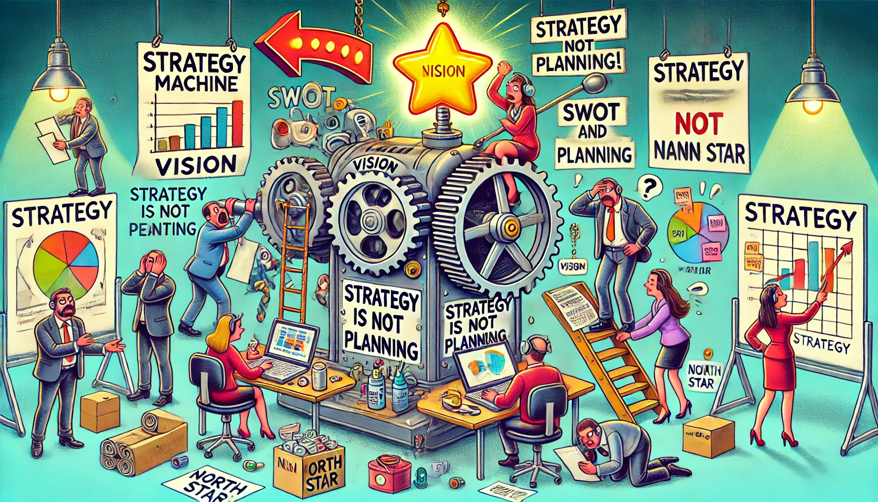 A cartoon-style office scene where a team is building a humorous 'Strategy Machine'. On the left, characters are confused while analyzing charts and conducting SWOT/PESTEL. In the center, a large lever labeled 'VISION' is being pulled, pointing to a glowing star labeled 'North Star'. On the right, team members scramble with charts and checklists, while one character holds a sign that says 'Strategy is NOT Planning!'. The overall vibe is exaggerated and colorful, conveying the difference between strategy and planning in a playful way.