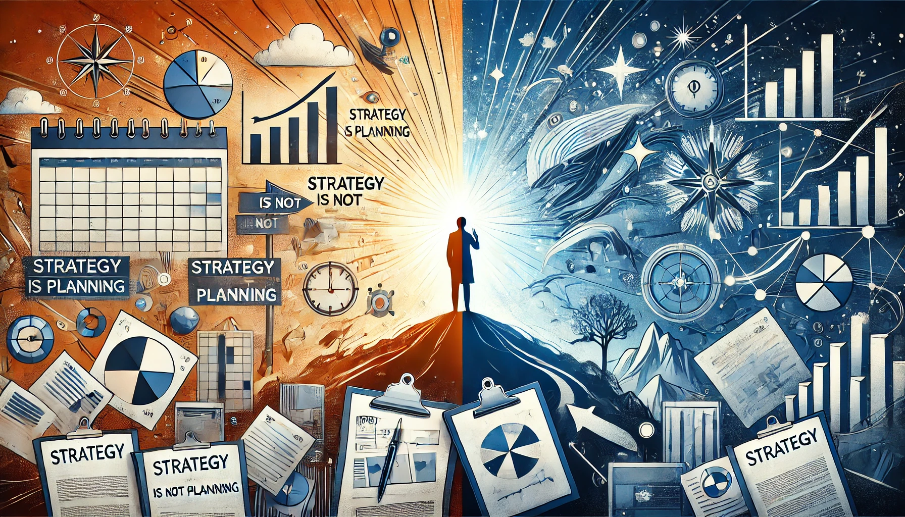 A symbolic split-screen illustration: on the left, a person buried in charts, papers, and a calendar representing the chaos of task-based planning; on the right, a person on a hill holding a map, gazing toward a radiant horizon with stars, a lighthouse, and a winding path — symbolizing the clarity and purpose of strategic vision