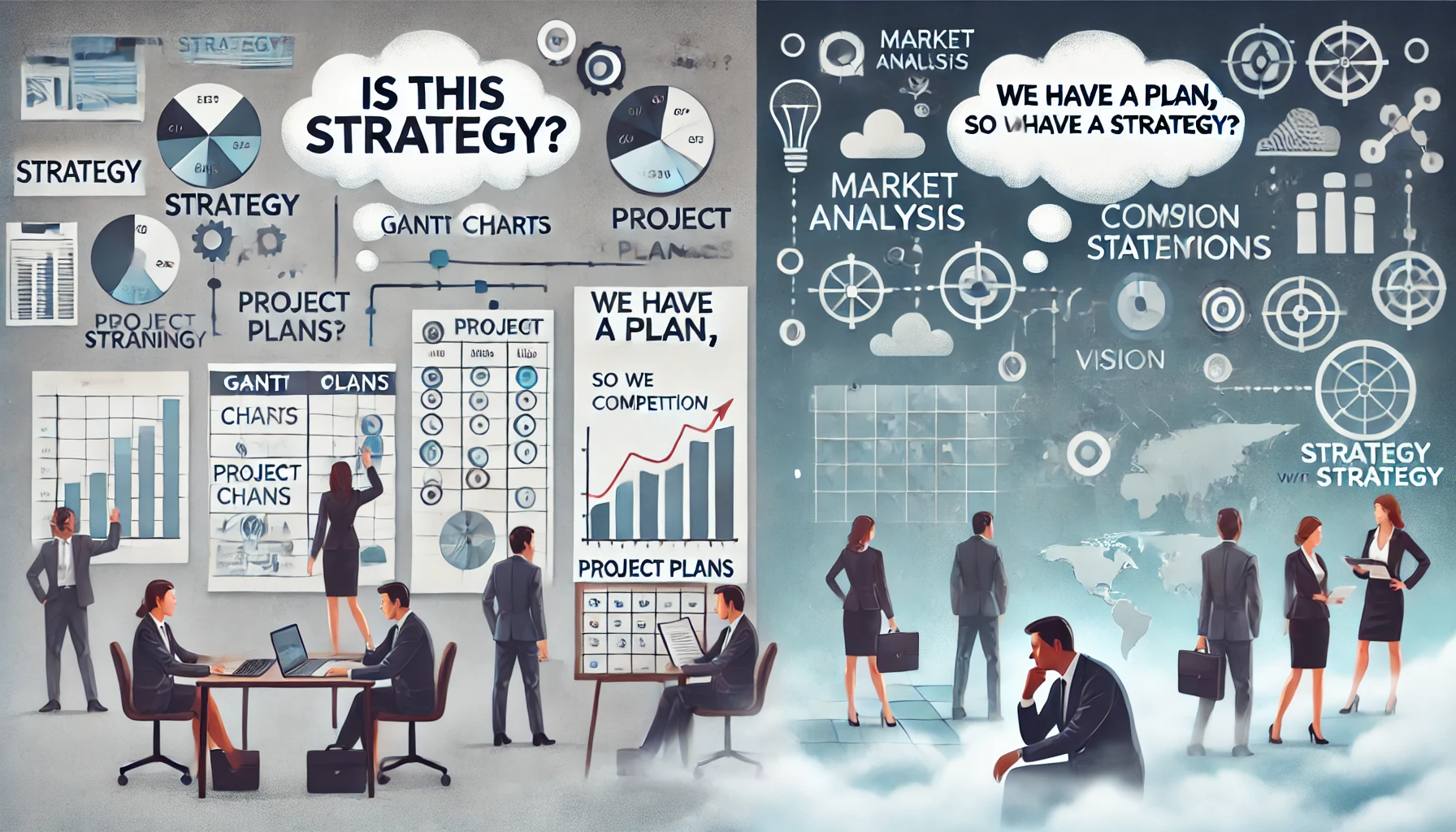 A split business-themed illustration highlighting why people confuse strategy with planning: the left side shows a busy office with people reviewing Gantt charts, project plans, and checklists, with thought bubbles like 'Is this strategy?'; the right side shows a reflective person analyzing a large map with abstract icons representing vision, competition, and market insights. A foggy blend in the center symbolizes the confusion between tangible planning and abstract strategy.