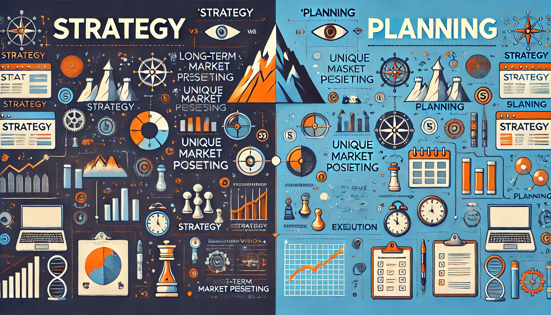 "A 16x9 infographic-style illustration divided vertically into two halves. The left side is labeled 'Strategy' and includes symbolic icons like a mountain peak, compass, telescope, roadmap, and chess pieces, representing long-term vision, strategic decision-making, and market positioning. The right side is labeled 'Planning' and shows icons like calendars, Gantt charts, checklists, clipboards, and clocks, representing task management, timelines, and execution. The design uses clean lines and a modern, business-friendly color scheme to clearly distinguish the two concepts.