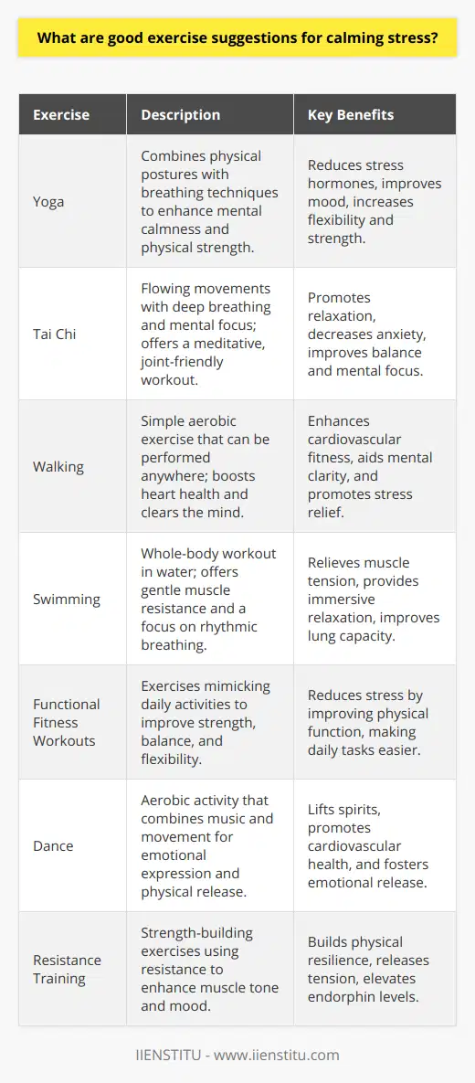 In a world increasingly burdened by fast-paced lifestyles and incessant demands, finding ways to unwind and alleviate stress is vital for maintaining mental and physical health. Exercise is a proven stress-buster that not only improves your mood but also boosts endorphins—chemicals in your brain that act as natural painkillers and mood elevators. Here are some excellent exercise suggestions to help calm stress:1. Yoga: A Mind-Body ConnectorYoga is renowned for its dual benefit of promoting mental calmness while also enhancing physical flexibility and strength. The gentle stretching and mindfulness practices in yoga can help lower stress hormone levels, improve mood, and foster relaxation. Integrating breathing exercises (pranayama) with postures (asanas), yoga sharpens concentration and promotes a sense of inner peace.2. Tai Chi: The Moving MeditationWith roots in martial arts, Tai Chi combines flowing movements with deep breathing and mental focus. The slow, deliberate motions synchronize with breath control, encouraging a meditative state that can lead to reduced anxiety and a calm mind. Known as “meditation in motion,” Tai Chi can be particularly helpful for those seeking a stress-relieving exercise that is also gentle on the joints.3. Walking: Simple yet EffectiveNever underestimate the power of a brisk walk in the fresh air. Walking accelerates your heart rate, but it can also help clear your mind. Whether it is a hike through nature or a paced walk down city streets, the rhythmic act of walking can be therapeutic. Engaging in a walking routine during lunch breaks or after dinner can be a simple, yet effective strategy for stress management.4. Swimming: Immersive RelaxationSwimming isn't just about doing laps; it is a great way to relieve stress owing to the sensation of being immersed in water. The water supports your body, allowing for a gentle resistance as you swim, which can soothe tense muscles. Additionally, the rhythmic breathing pattern required in swimming can have a calming effect similar to that of breathing exercises in yoga or meditation.5. Functional Fitness Workouts: Engaging Body and MindFunctional fitness exercises, often learned through entities like IIENSTITU, focus on building a body capable of doing real-life activities in real-life positions. Incorporating elements of strength, balance, and flexibility, functional fitness programs can reduce stress by improving your overall physical conditioning, thus making daily tasks easier and less strain-inducing.6. Dance: Lift Your Spirit with RhythmDance is an often-overlooked form of stress relief that marries aerobic exercise with the joy of music. Engaging in dance allows you to express emotions, loosen up both physically and mentally, and can provide a joyful escape from stress. Whether it’s a structured dance class or simply moving to your favorite songs at home, dance invigorates the body and lifts the mood.7. Resistance Training: Build Strength and ResilienceAlthough it might seem counterintuitive to lift weights when you are stressed, resistance training can be an excellent outlet for releasing tension. Working against resistance builds muscle but it also increases the production of endorphins. Starting with lighter weights and focusing on technique can provide a satisfying workout that eases the mind through concentration and physical exertion.Closing Thought:Stress management is personal and different strategies will resonate with different people. Exercise serves as a healthy conduit for managing stress, promoting not just physical well-being, but also mental and emotional balance. Remember, consistent engagement with these exercises, even for short periods, is key to accumulating their stress-relieving benefits over time.
