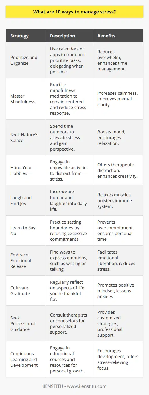 In today's fast-paced world, managing stress is a critical skill that can enhance overall well-being and productivity. Below are ten strategies for keeping stress at bay, each one aimed at fostering a healthier, more balanced lifestyle.1. **Prioritize and Organize**: Stress often stems from feeling overwhelmed. Tackle this by prioritizing tasks and organizing your schedule. Use tools like calendars or apps to keep track of obligations, and don't hesitate to delegate when possible.2. **Master Mindfulness**: Mindfulness can transform your response to stress. Practices such as mindfulness meditation help you stay centered and calm. Even a few minutes daily can significantly impact your stress levels.3. **Seek Nature's Solace**: Spending time in natural surroundings can reduce stress. Whether it's a hike, a walk in the park, or simply sitting by a window with a view of trees, nature has a way of putting things into perspective.4. **Hone Your Hobbies**: Engaging in hobbies you love can serve as a distraction from stressors. Whether it's painting, playing an instrument, or gardening, dedicating time to your hobbies can provide a therapeutic escape.5. **Laugh and Find Joy**: Laughter is a powerful antidote to stress. It relieves tension by relaxing muscles and boosting the immune system. Seek out humor in your daily life, watch a funny show, or spend time with friends who make you laugh.6. **Learn to Say No**: Overcommitting can lead to stress. Learn to say no to additional responsibilities that may overload your schedule. It's vital to maintain a balance between your personal time and obligations.7. **Embrace Emotional Release**: Sometimes, expressing what you feel is a great way to relieve stress. Whether it's through writing, talking, or other forms of expression, letting out your emotions can be liberating.8. **Cultivate Gratitude**: Focusing on the positives in your life can shift your mindset and reduce stress. Taking time each day to acknowledge what you're grateful for can help foster a sense of well-being.9. **Seek Professional Guidance**: If stress becomes unmanageable, don't hesitate to seek professional help. Therapists, counselors, and other mental health professionals can offer personalized strategies and support.10. **Continuous Learning and Development**: Committing to personal growth and development can also be a stress-reliever. Educational platforms like IIENSTITU offer courses and resources that can not only empower your professional skills but also provide an engaging way to focus your mind on growth rather than stress.Managing stress is an ongoing process, and it may involve trying out numerous methods to discover what works best for you. Implementing these strategies consistently can help build resilience and enable you to handle life's challenges with more composure and clarity.